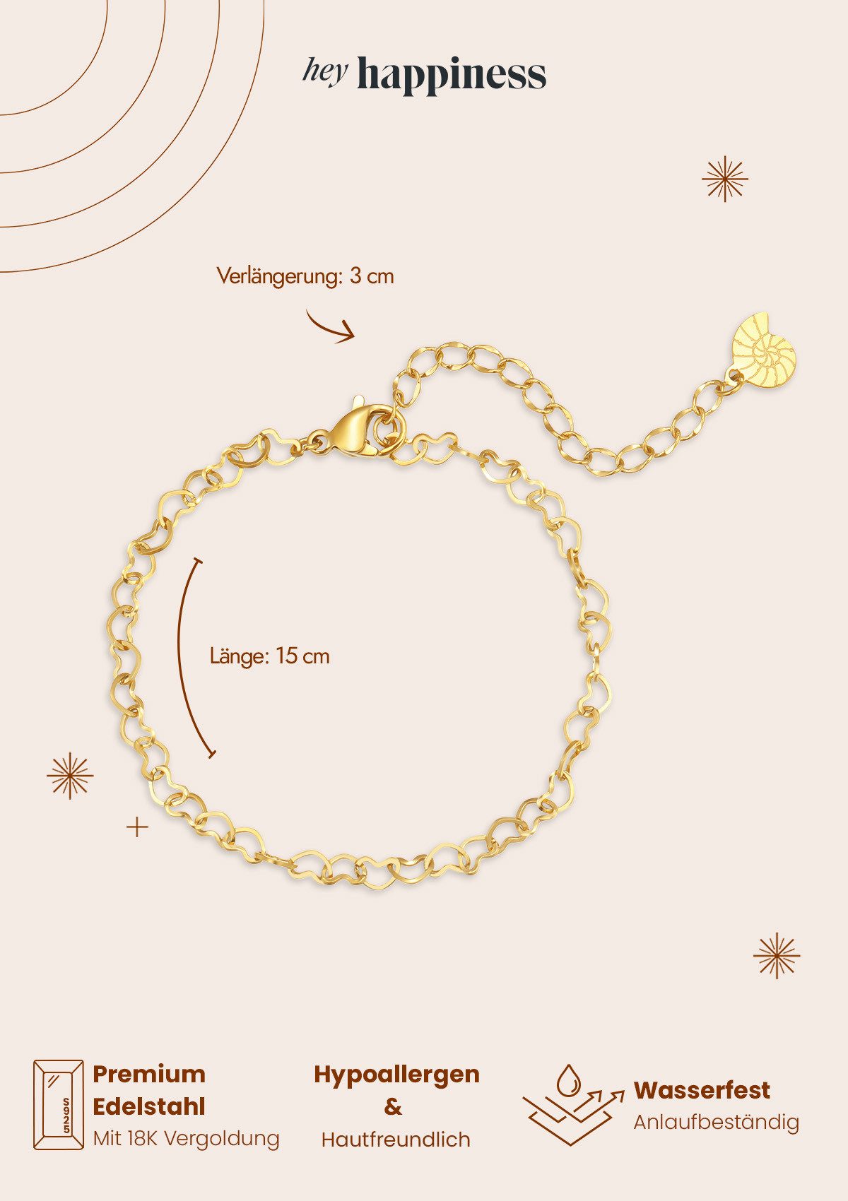 Hey Happiness Gliederarmband Herz Damen, vergoldet 18K Roségold, Edelstahl Armkette Liebe, Geschenkidee