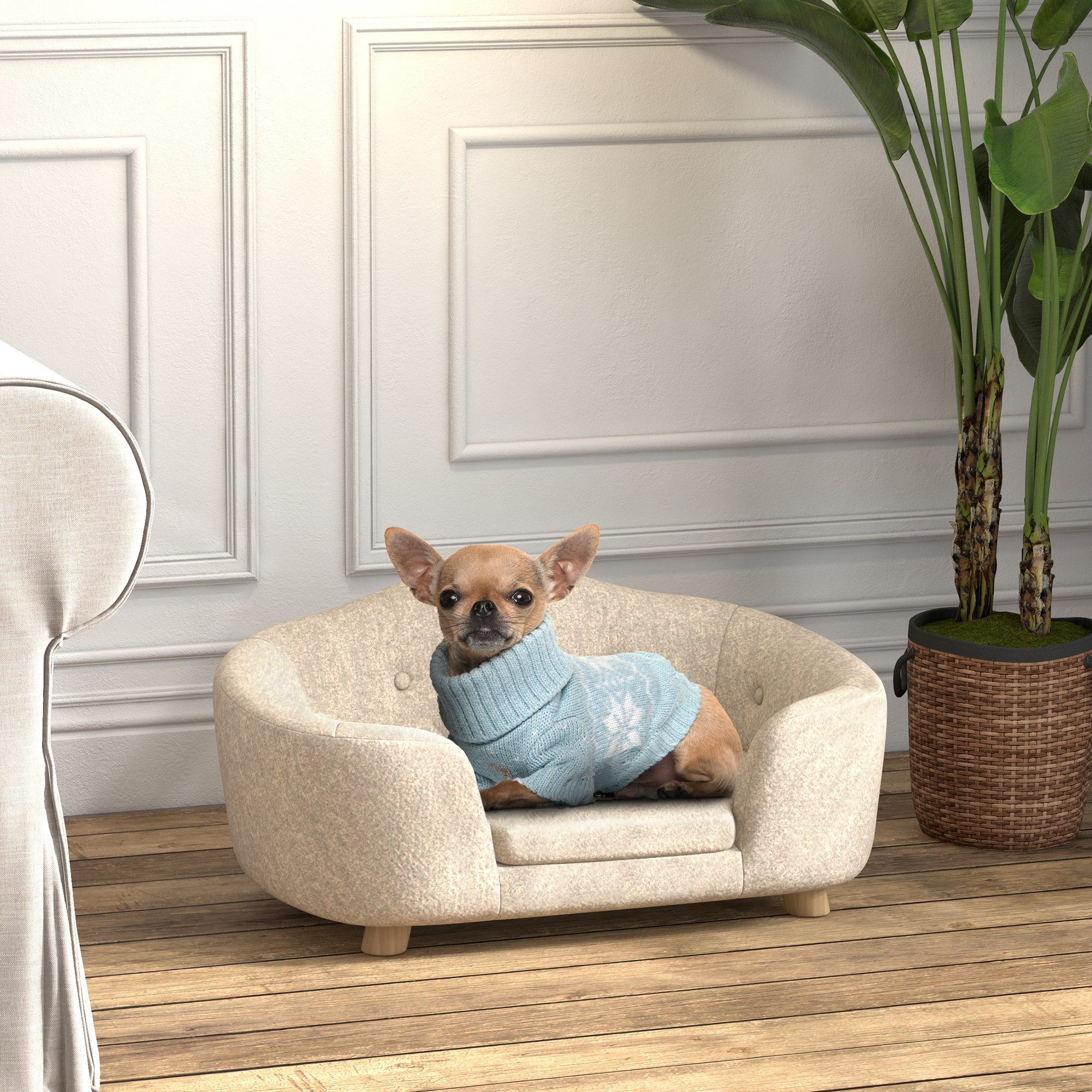 PawHut Tierbett Haustiersofa Hundematte mit Kissen Rückentasche, Plüsch, Cremeweiß 70 x 47 x 30 cm