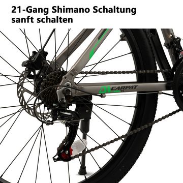 CARPAT SPORT Mountainbike 26 Zoll Fat Tire 4.0 MTB für Herren Damen und Jungen, 21 Gang Shimano, Kettenschaltung, (Aluminium Rahmen, hydraulische Scheibenbremse), MTB Hardtail Fahrrad