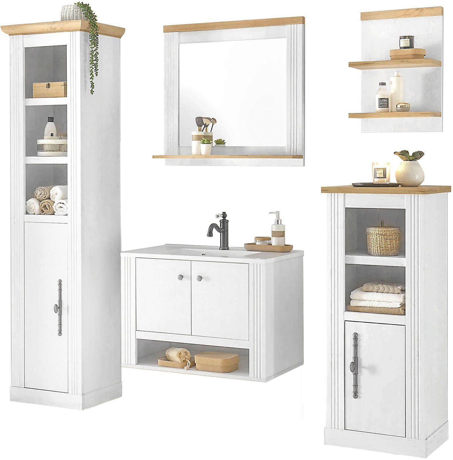 OTTO home Badmöbel-Set WESTMINSTER, Bad im Landhausstil, 5-teiliges Badezimmer, (5-St), Hänge-Waschtisch, Spiegel, Midischrank, Regal, Hochschrank, 220 cm