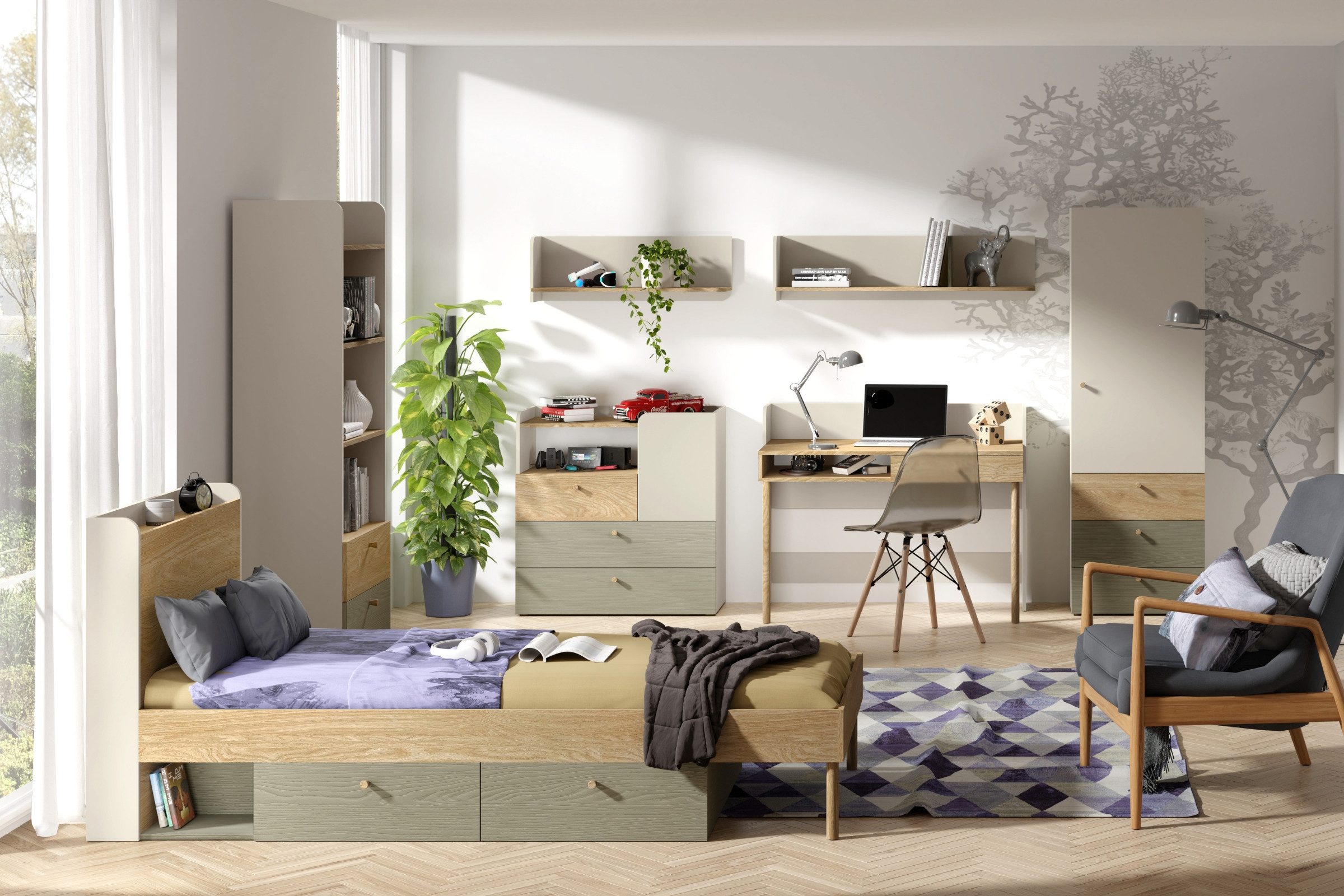 Deine Möbel 24 Hochkommode YOGI 06 Kommode Regal Kinderkommode 80 cm breit (Set, 3 St., inkl. 3 Schubladen), Kinderzimmer Jugendzimmer Graubeige Geölte Eiche Eukalyptus Koralle