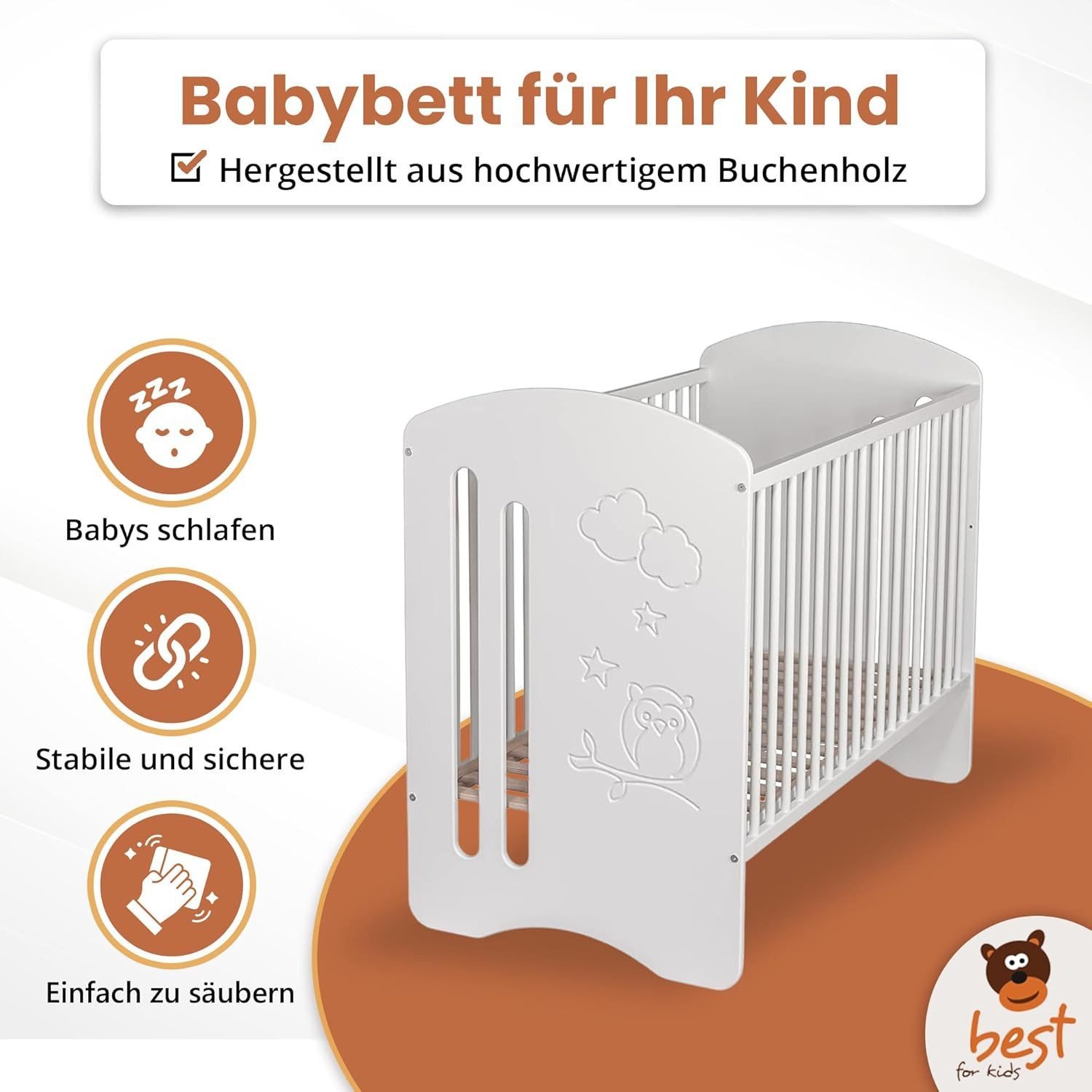Best for Kids Babybett Babybett aus massivem Buchenholz, verstellbar – mit oder ohne Matratze