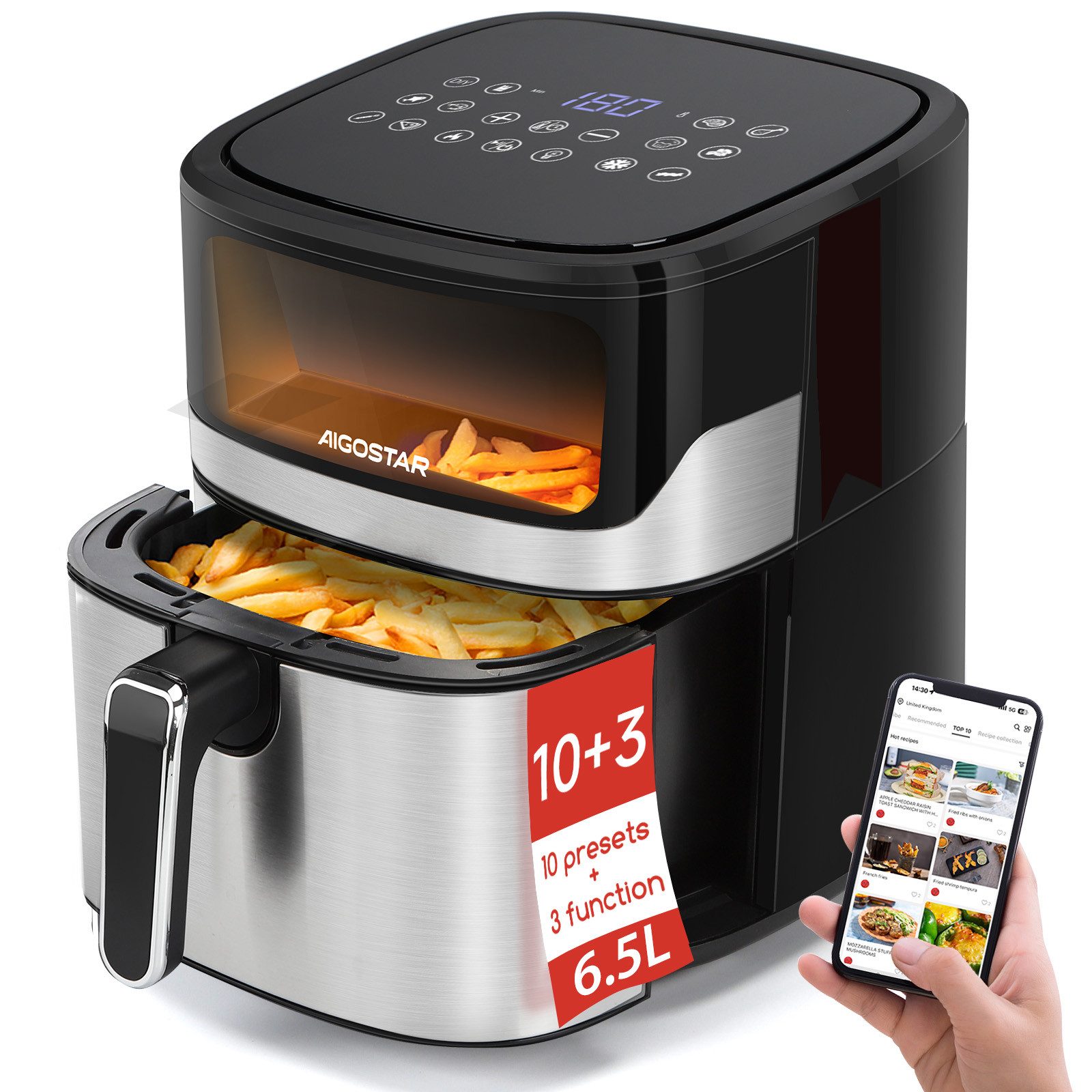 Aigostar Heißluftfritteuse 6,5L 1600W Air Fryer mit Klarsichtfenster, 360° Heißluftzirkulation, Intelligente Vorheizung, 1600 W, 10 voreingestellte Menüs & 3 spezielle Menüs: DIY, Vorheizen, Auftauen