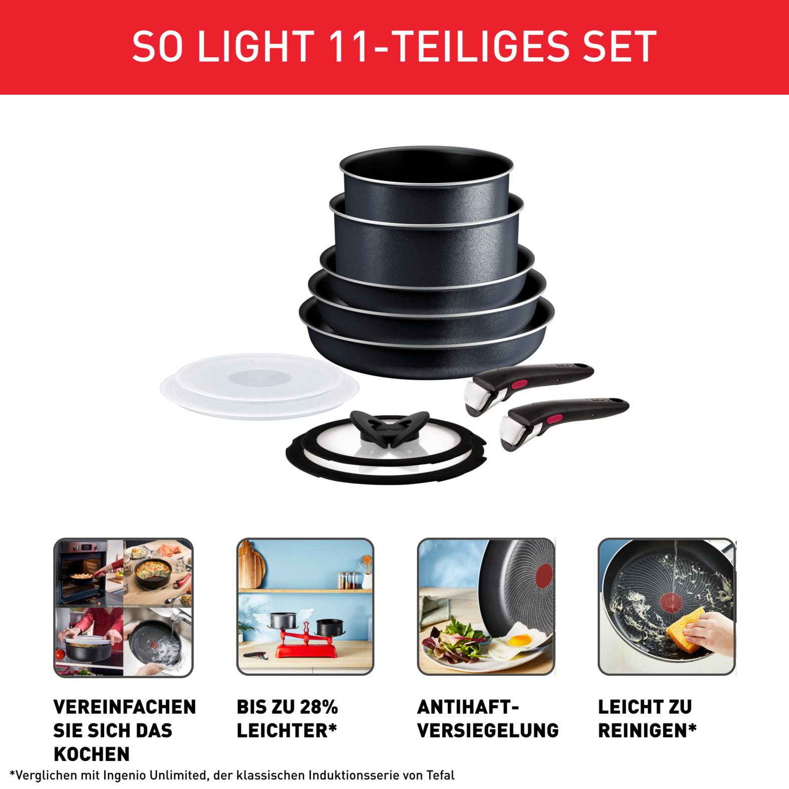 Tefal Topf-Set Ingenio So'Light, Topf und Pfannenset abnehmbarer Griff, stapelbar, Aluminium (Set, 11-tlg., 3x Pfannen 22/24/28cm, 2x Kasserollen 18/20cm, 4x Deckel, 2x Griffe), Light Tech Technology, platzsparend, induktionsgeeignet, L72393
