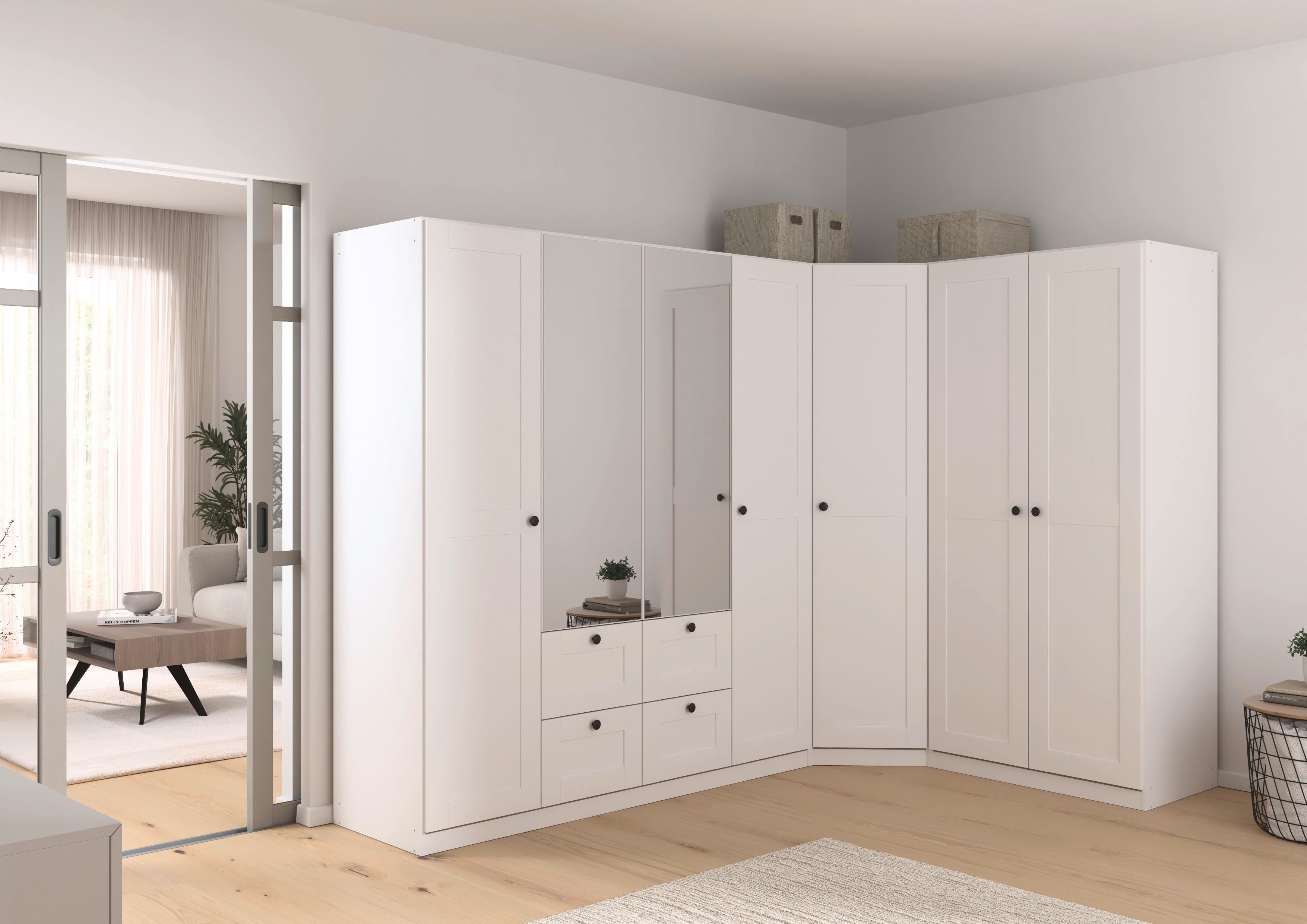 OTTO home Schrank-Set Mehrzweckschrank Aktenschrank Möbel Mietswohnung Schlafzimmer YLVA, (Set, 3-St., Schenkelmaß: 266x162 cm, Höhe 197 cm), skandinavischer Style mit Rahmenfront und Knopfgriffen MADE IN GERMANY
