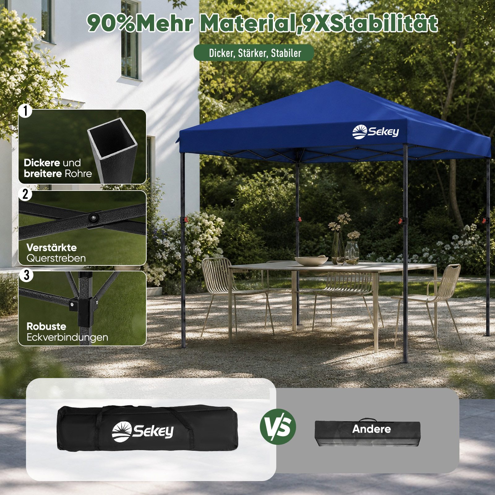Sekey Faltpavillon 2x2/3x3/3x6 m, Gartenpavillon mit 4 Seitenteilen Partyzelt Wasserdicht, mit 4 Seitenteilen, Gartenpavillon 3 x 3 winterfest, Pavillon Pop Up  – Bild 4 von 5