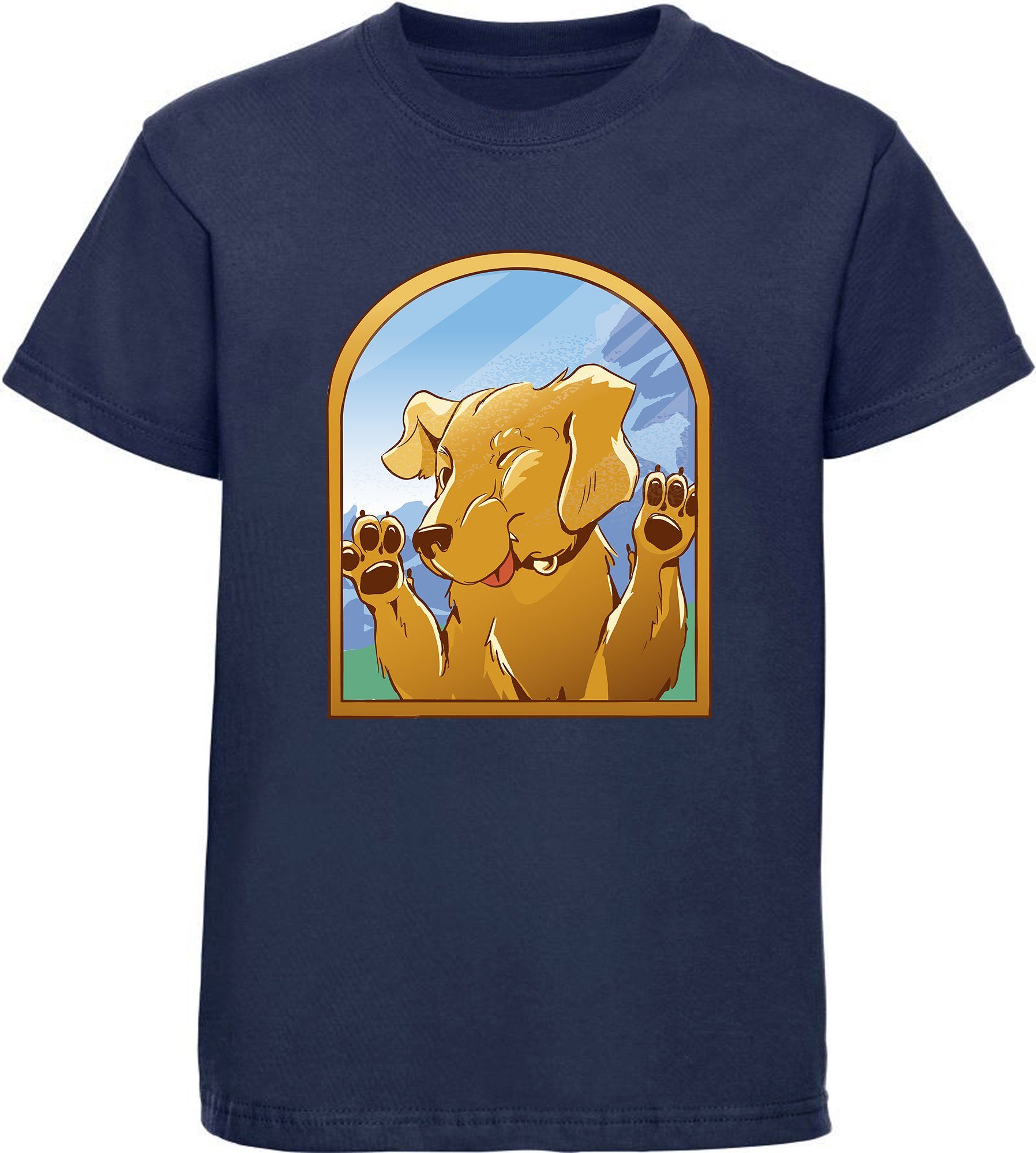 MyDesign24 Print-Shirt bedrucktes Kinder Hunde T-Shirt - Labrador gegen Fenster Baumwollshirt mit Aufdruck, i222 navy blau