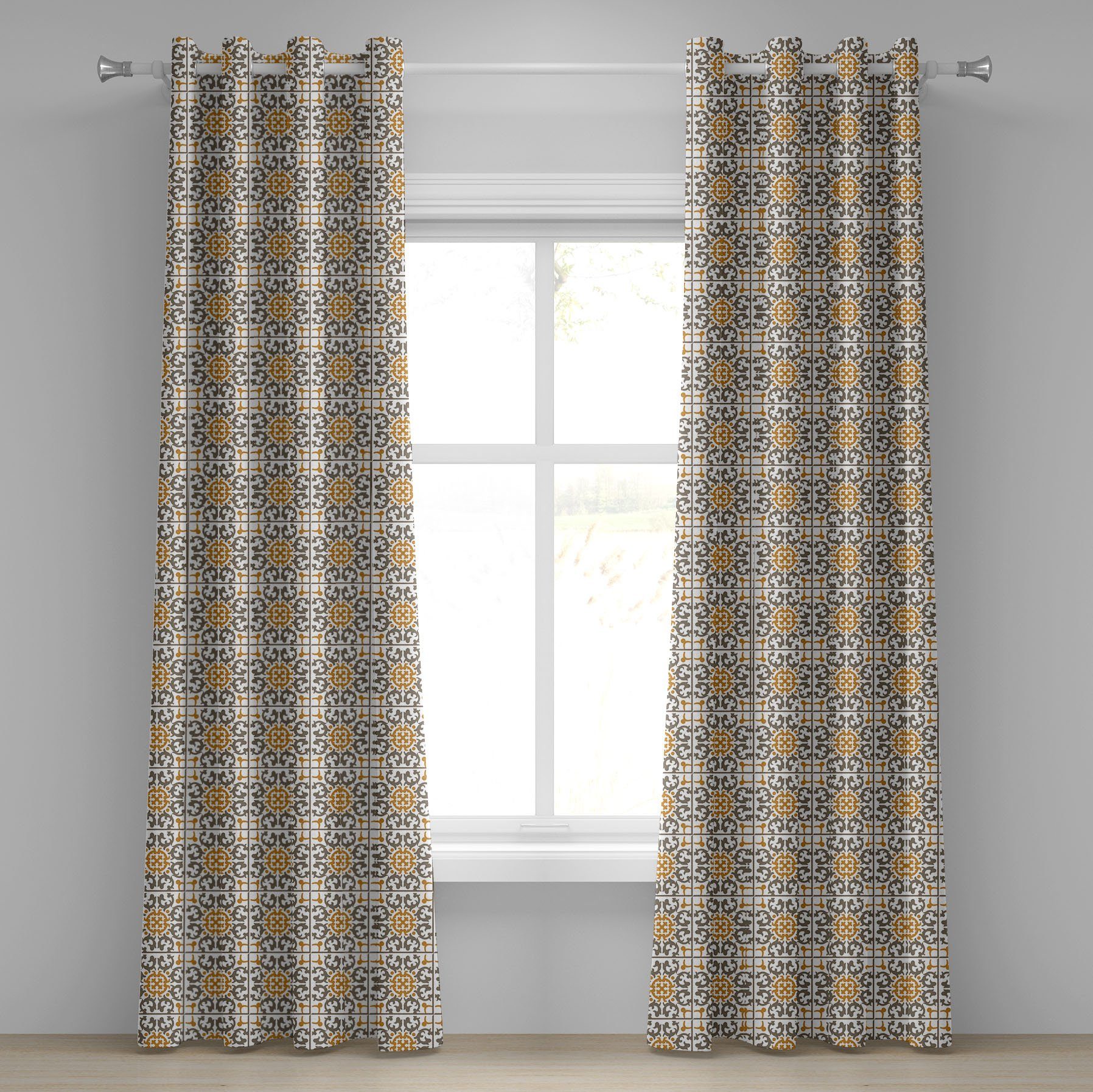 Gardine Dekorative 2-Panel-Fenstervorhänge für Schlafzimmer Wohnzimmer, Abakuhaus, Türkisch-Muster Scroll Fliesen | Fertiggardinen