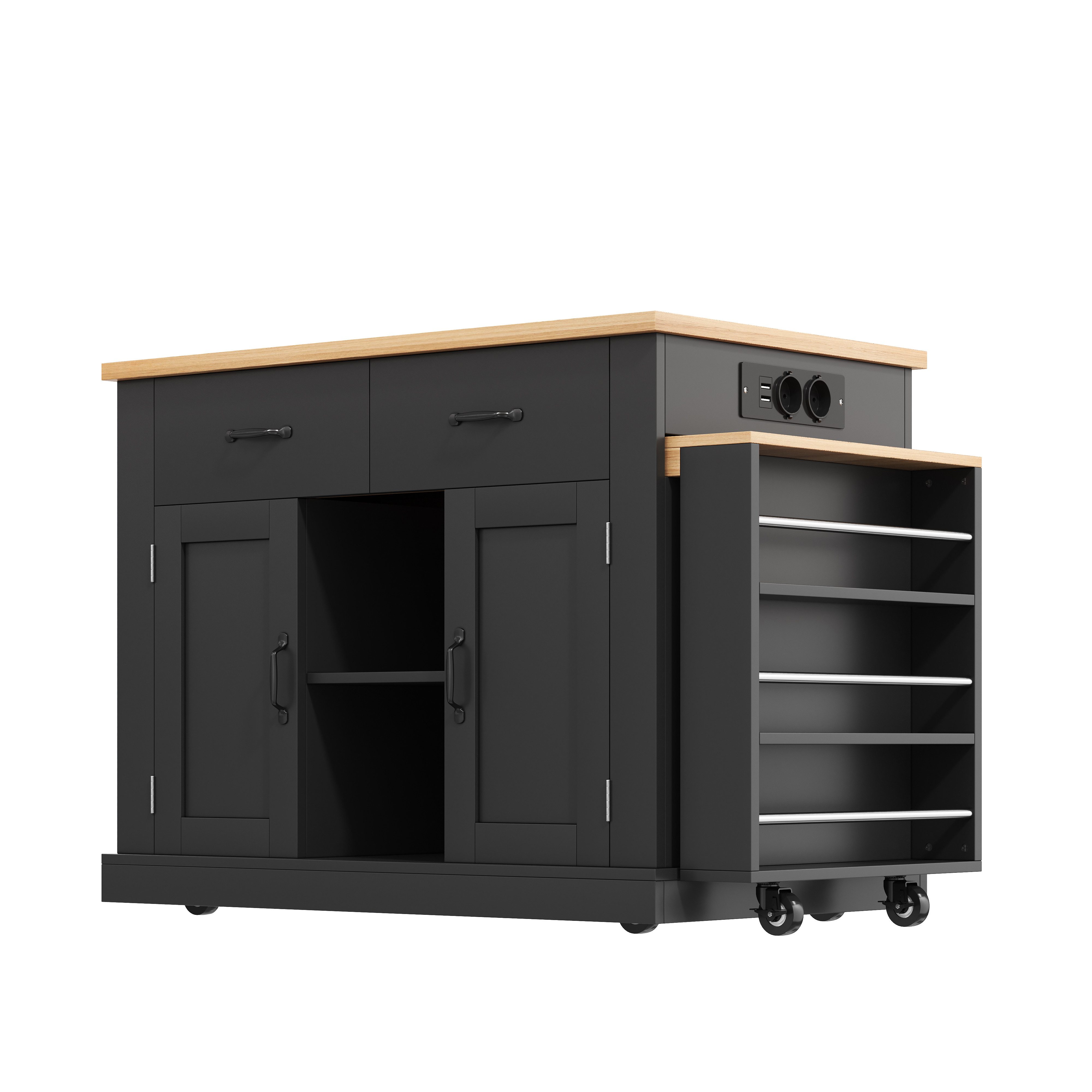 Flieks Küchenwagen mit ausziehbarem Esstisch, Steckdosen und Arbeitsplatte in Holzoptik, (2 St), Kücheninsel Mehrzweckschrank mit Rollen und verstellbare Einleg – Bild 4 von 5