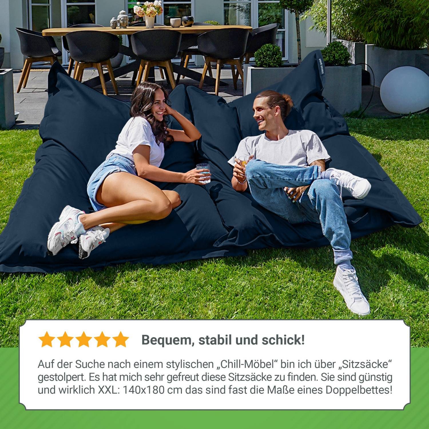 Green Bean Sitzsack XXL Outdoor Sitzsack Square 140x180cm (XXL Riesensitzsack 140x180cm 380 Liter Kinder & Erwachsene Bean Bag EPS Perlen Füllung, Groß Draußen  – Bild 4 von 5