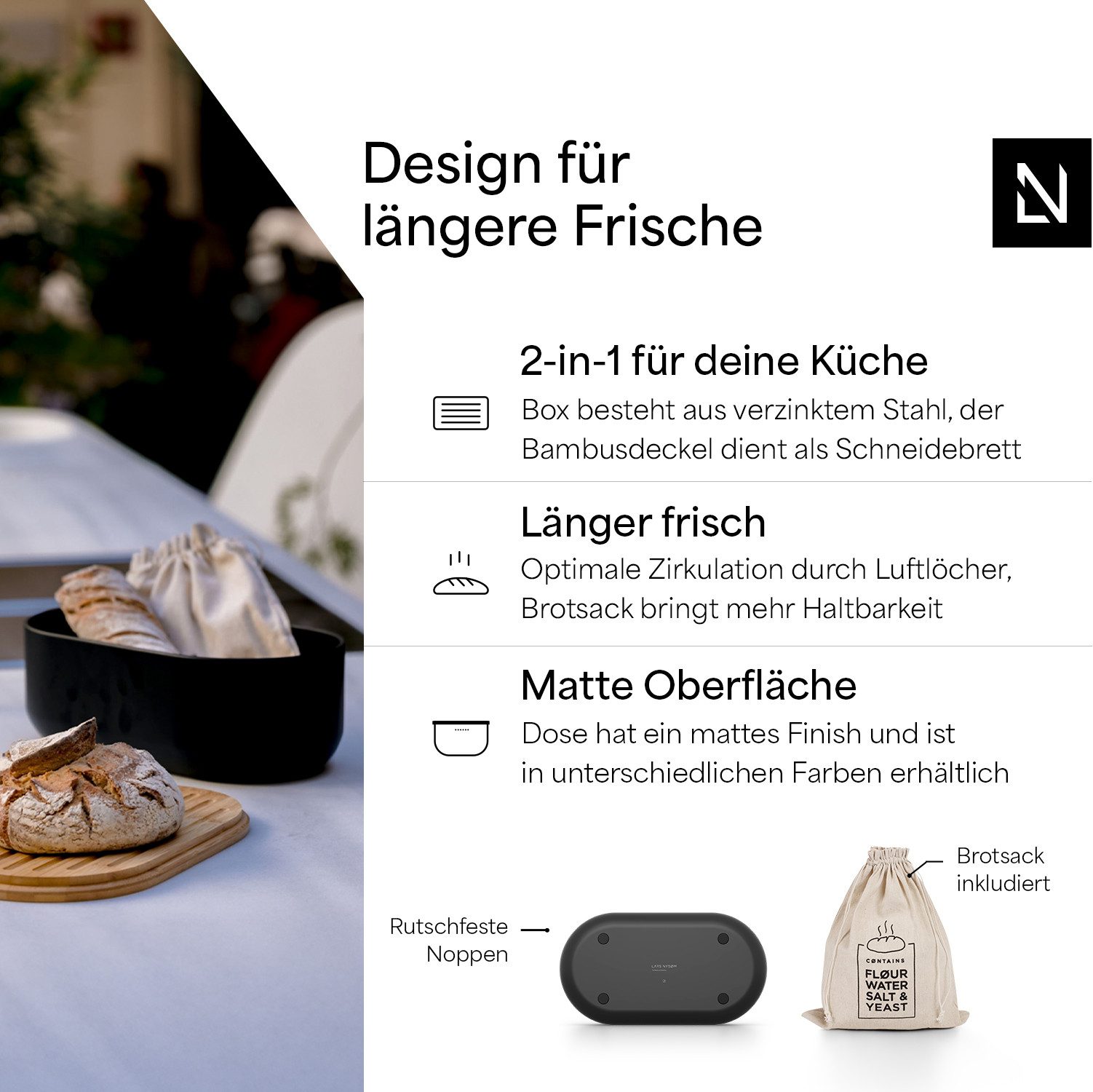 LARS NYSØM Brotkasten Ægte, (1-tlg), Brotkasten mit Schneidebrett-Deckel aus Bambus