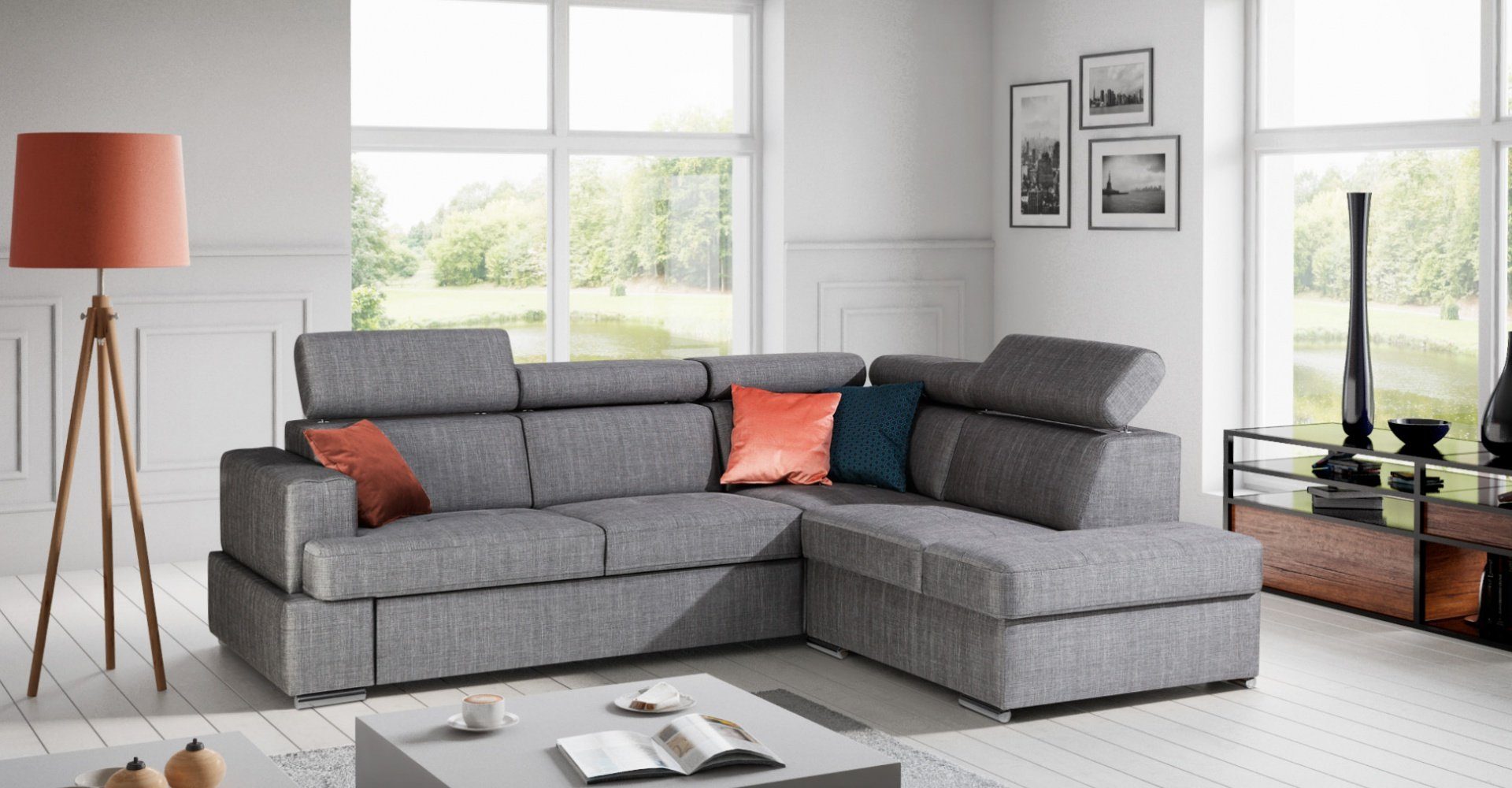 JVmoebel Ecksofa Bettfunktion Stoff Ecksofa L-Form Sofa Couch Design, Made in Europe Grau