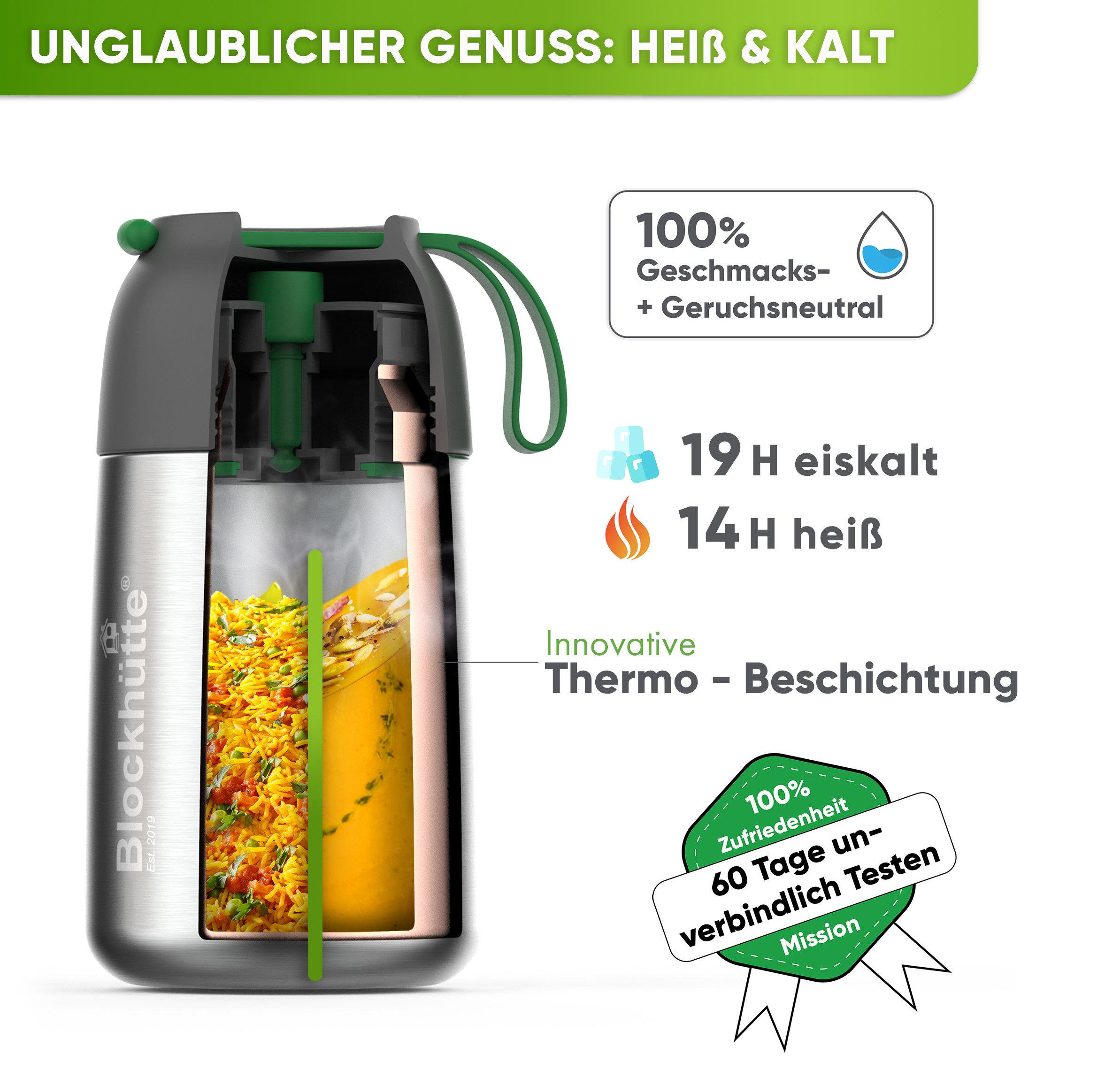 Blockhütte Thermobehälter für Essen - Warmhaltebehälter Essen - Thermo Lunchbox, Edelstahl, Auslaufsicher, 14 Stunden heiß, 19 Stunden kalt – Bild 3 von 5