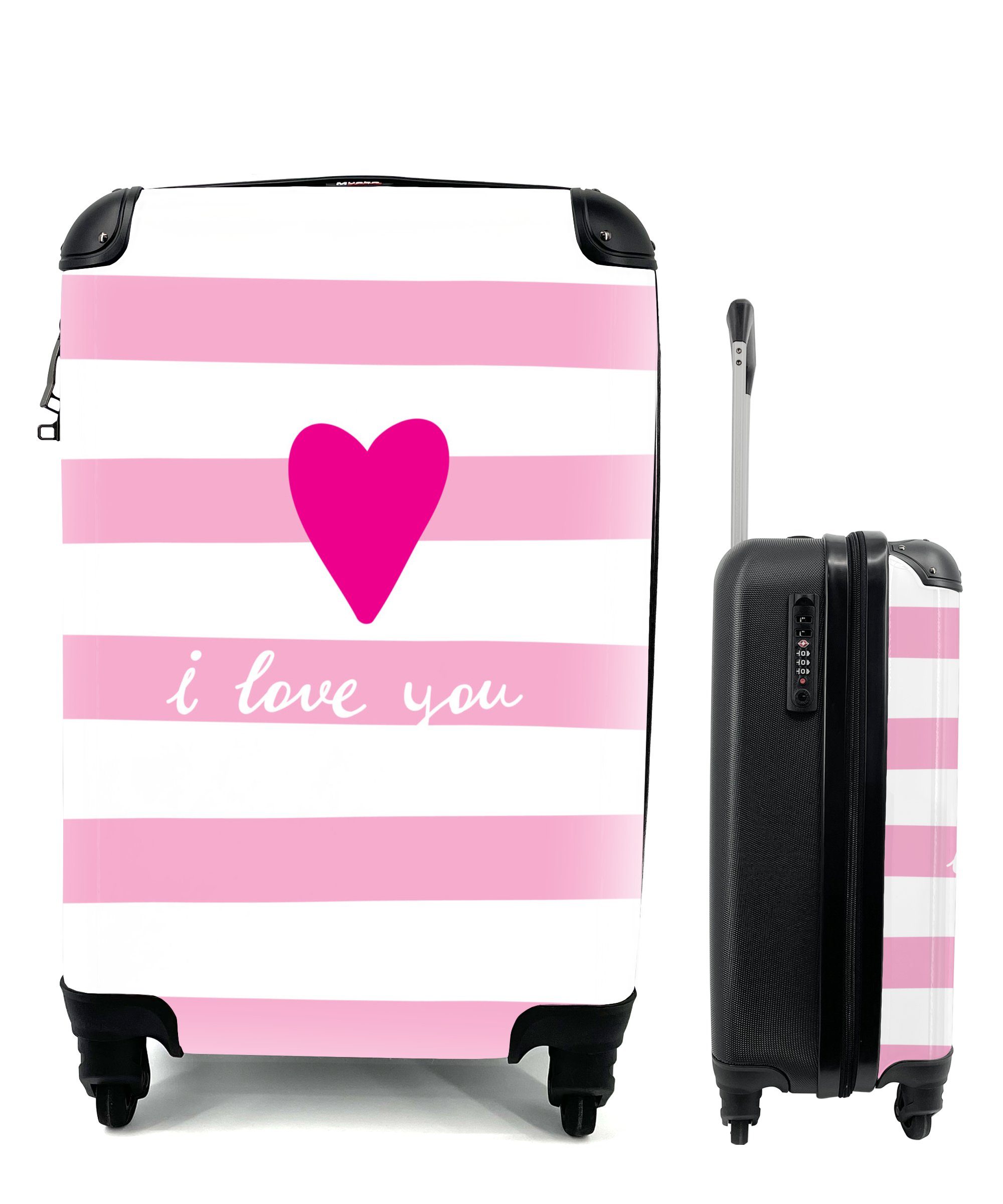 Ferien, Rollen, MuchoWow mit "Ich und Handgepäckkoffer Zitat rosa für mit Herz, rollen, dich" liebe 4 Trolley, dem Reisekoffer Handgepäck einem Reisetasche Illustration