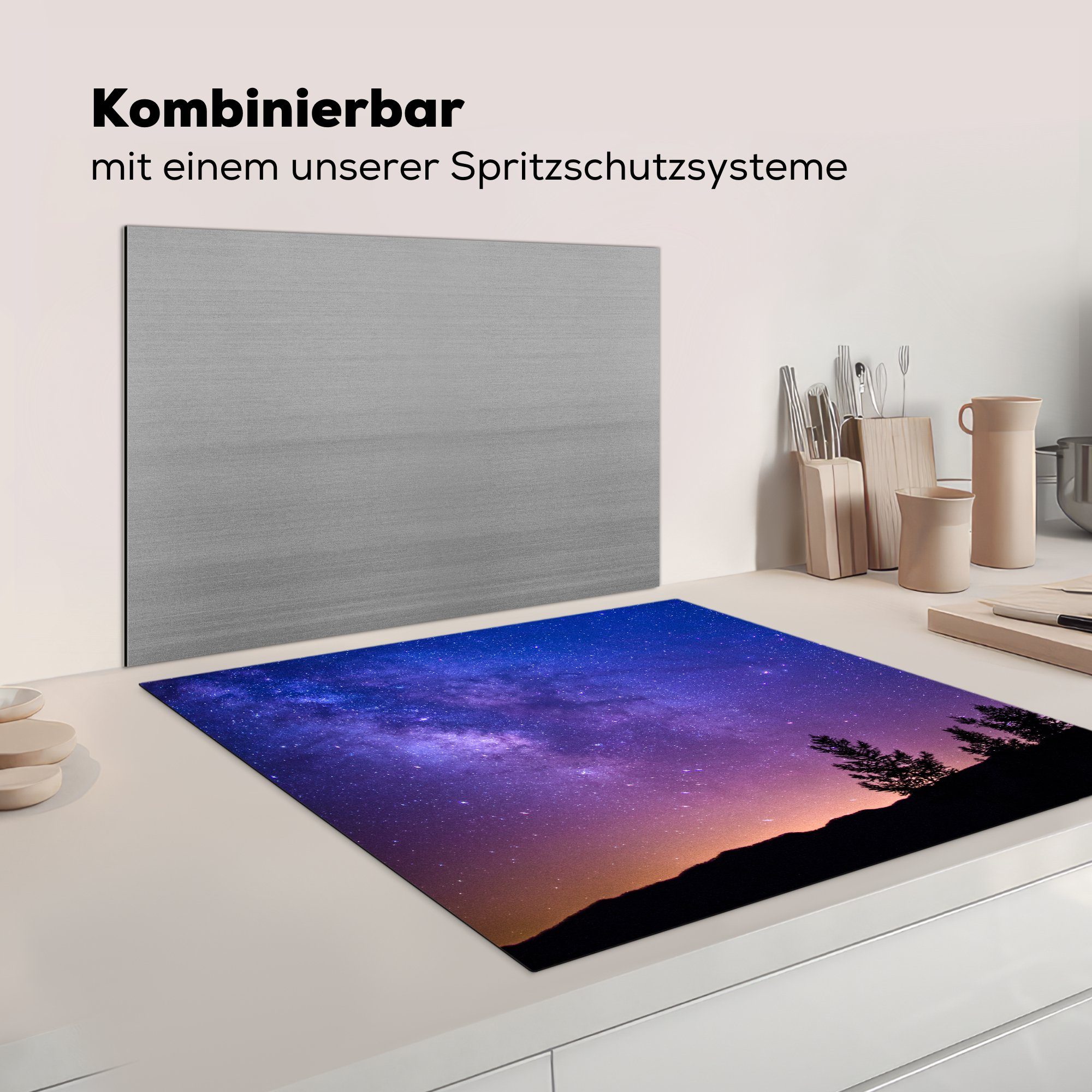 küche Milchstraße über Gebirge, Herdblende-/Abdeckplatte cm, Lila Vinyl, tlg), Arbeitsplatte (1 MuchoWow für einem Ceranfeldabdeckung, 78x78