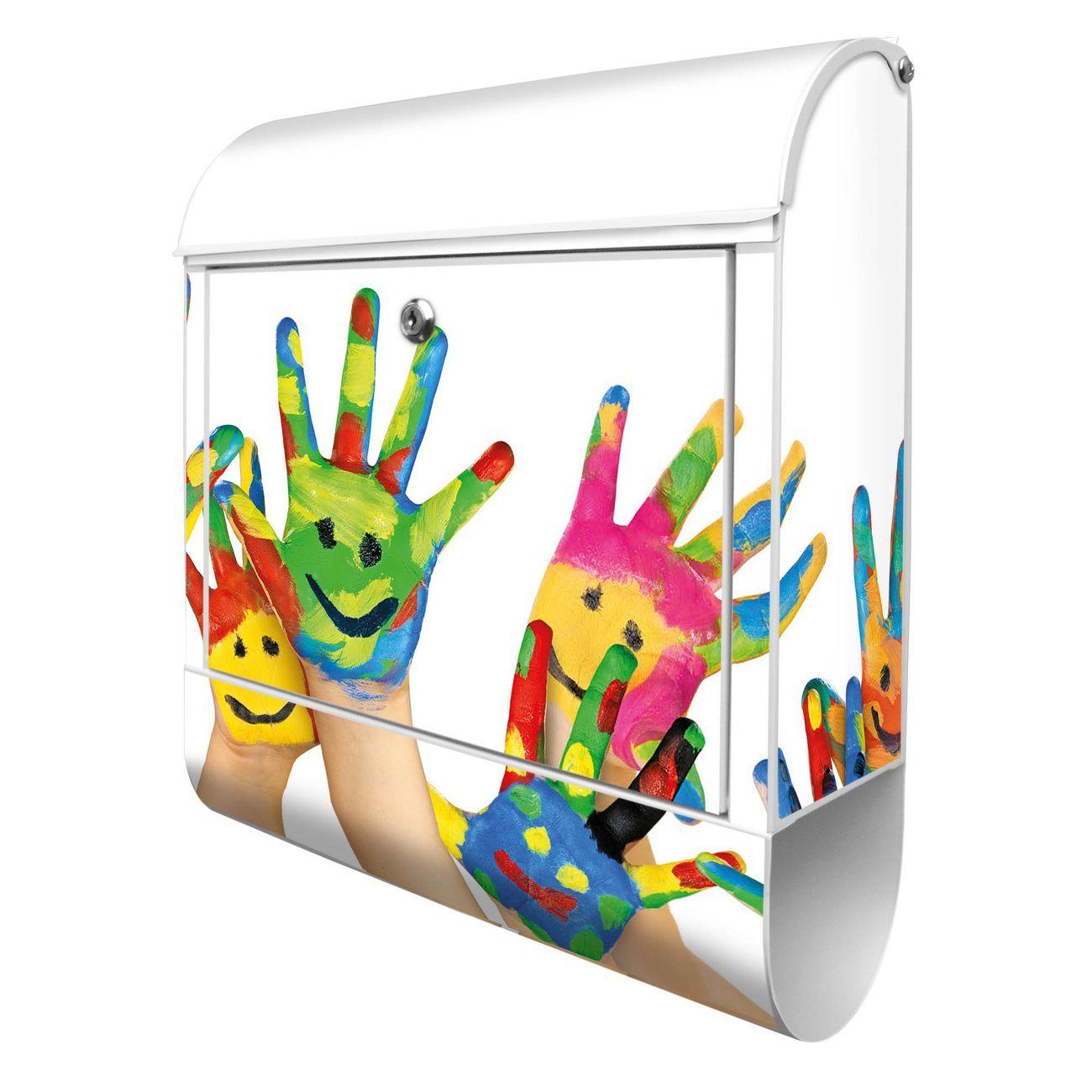 banjado Wandbriefkasten Stahl Happy Hands mit Zeitungsfach), 47 weiß x (Wandbriefkasten witterungsbeständig, x 14cm 39 pulverbeschichtet