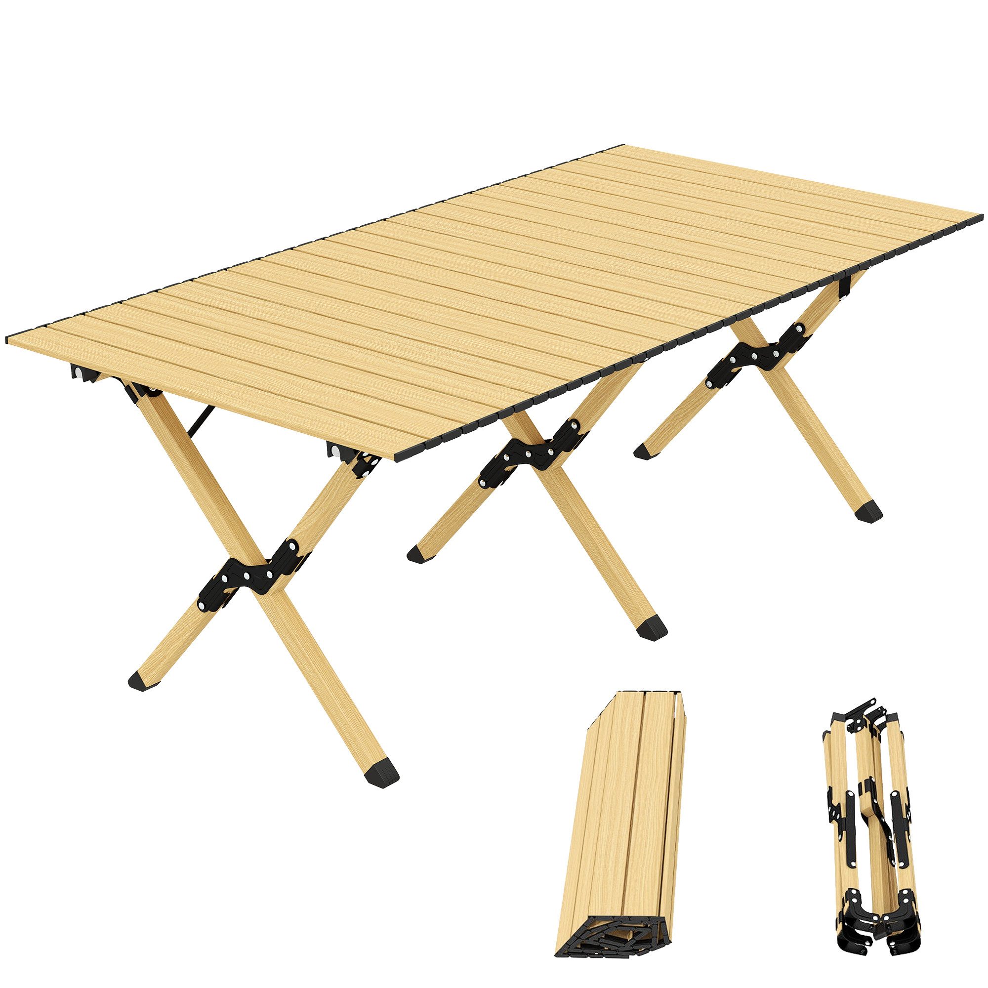 Outsunny Campingtisch Aluminium mit Holz-Optik Tragetasche, wasserdicht Camping Tisch (Klapptisch, 1-St., Falttisch), für Picknick Wandern Reisen Eiche