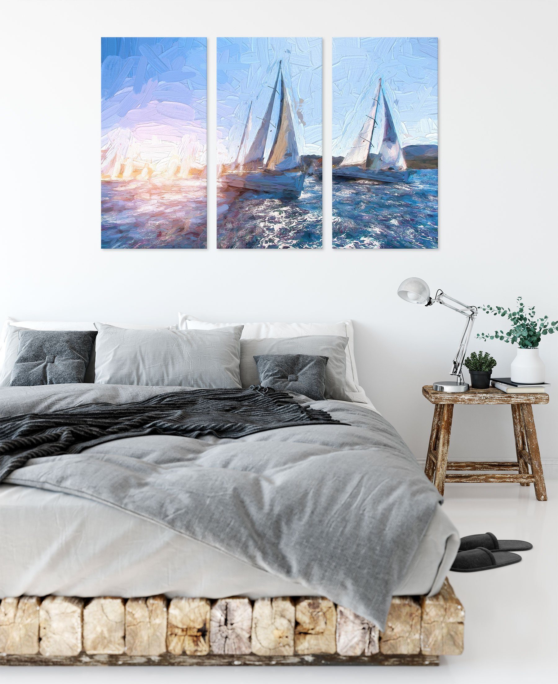 Luxusyachten bei fertig Pixxprint inkl. Segelregatta Segelregatta, bei Leinwandbild 3Teiler Leinwandbild Zackenaufhänger (120x80cm) Luxusyachten bespannt, (1 St),