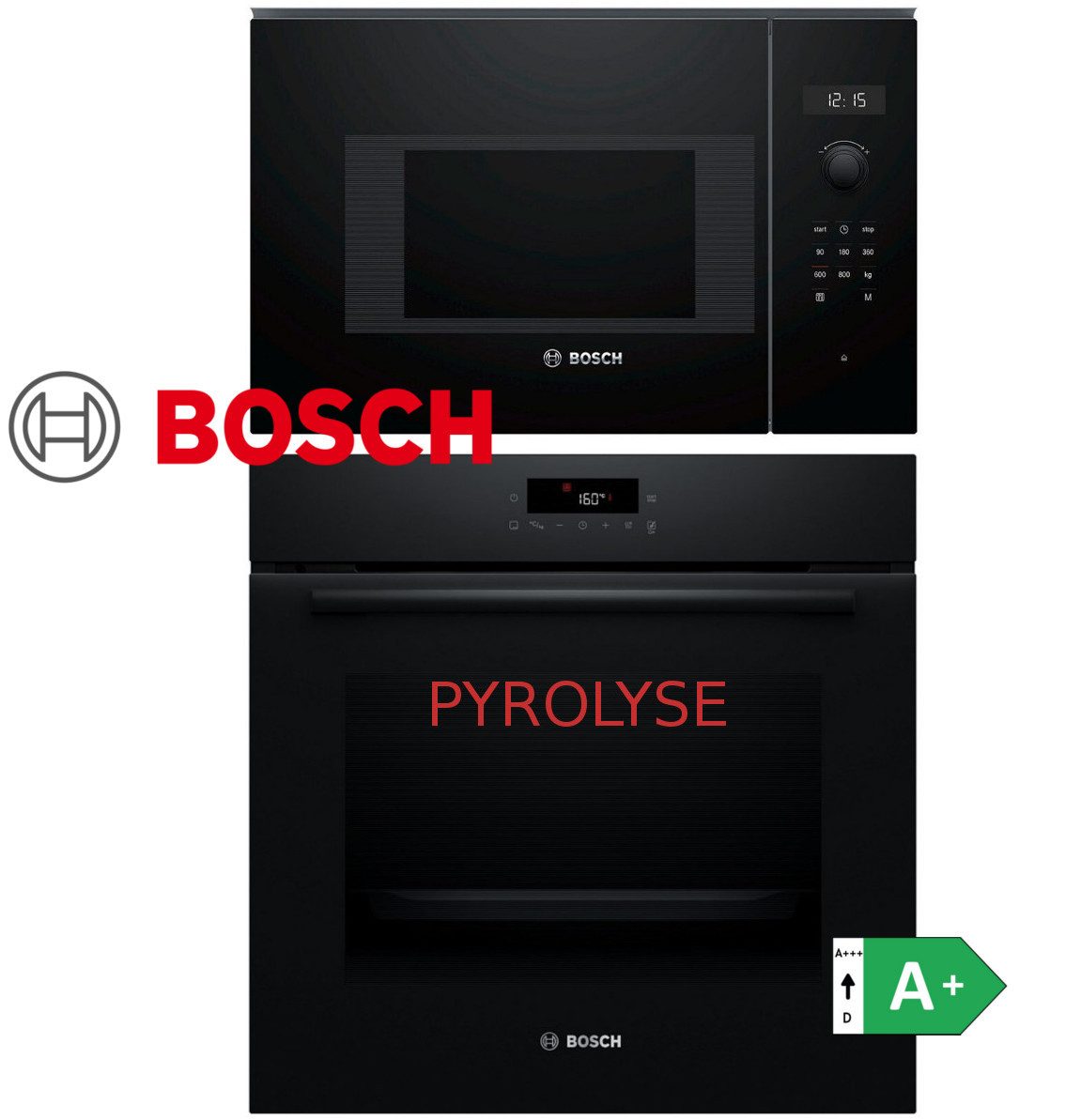 BOSCH Backofen-Set Backofen Pyrolyse mit Mikrowelle Einbau Set -Autark, Schwarz, Neu, mit Teleskopauszug nachrüstbar, Pyrolyse-Selbstreinigung, Pyrolyse-Selbstreinigung, Timer, AutoPilot 10, LED Touch Control