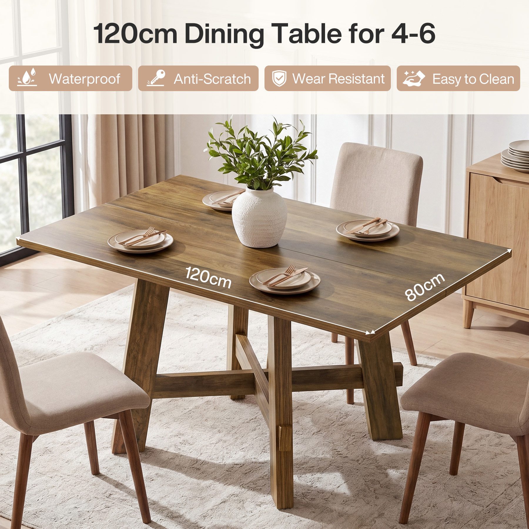 Tribesigns Esstisch 120 cm Esstisch mit stabilen Beinen, Küchentisch für 4 Personen (Landhausküchentisch mit Querverstrebung, für Wohnzimmer, Wohnung, Esszimmer – Bild 5 von 5