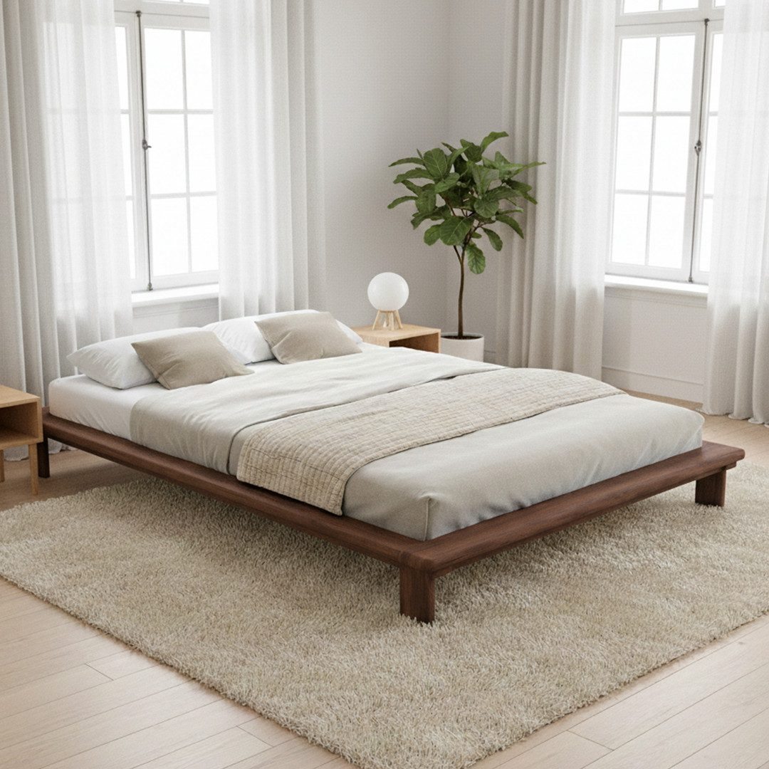 skølm Futonbett Skald aus Massivholz Eiche (Walnussoptik, 140x200 cm), Massivholzbett lackiert, Doppelbett auch in 180x200 cm verfügbar