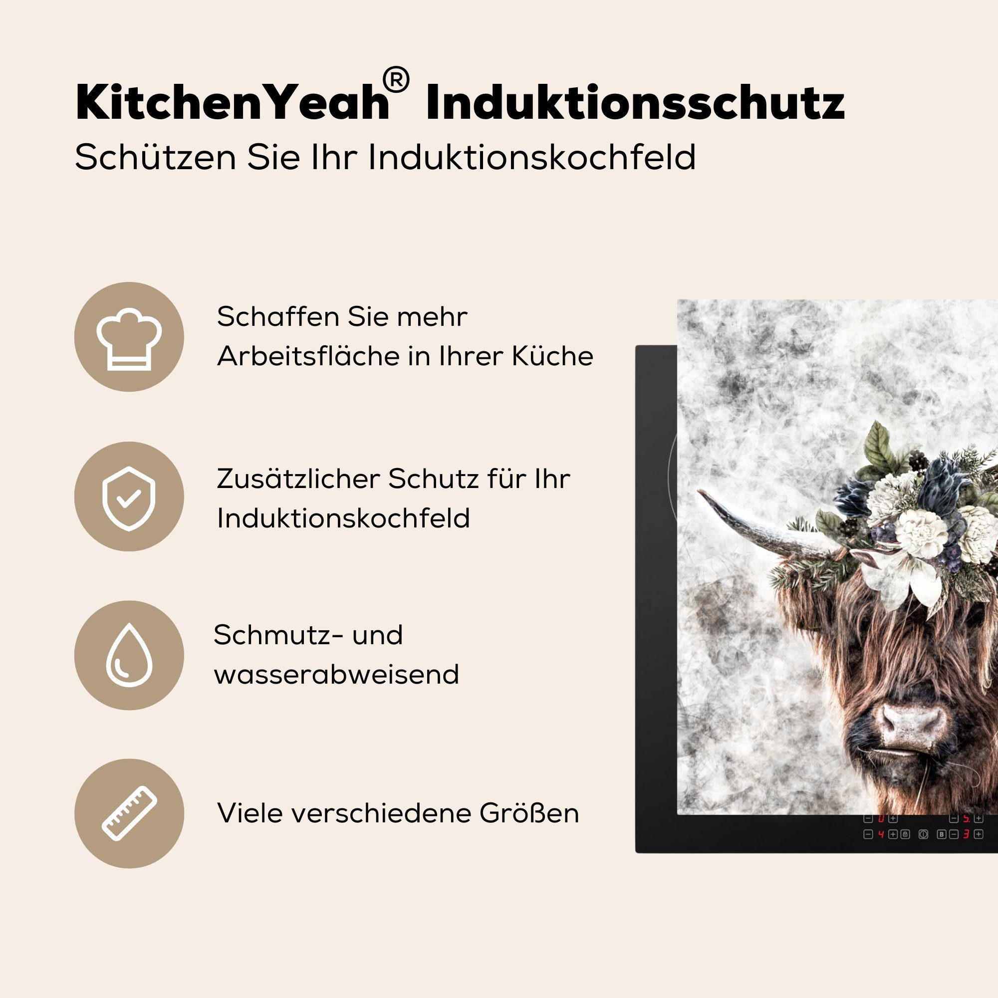 78x78 Schottische Arbeitsplatte Kuh tlg), - - cm, Herdblende-/Abdeckplatte küche Highlander Vinyl, Ceranfeldabdeckung, Blumen, Schottischer MuchoWow für (1