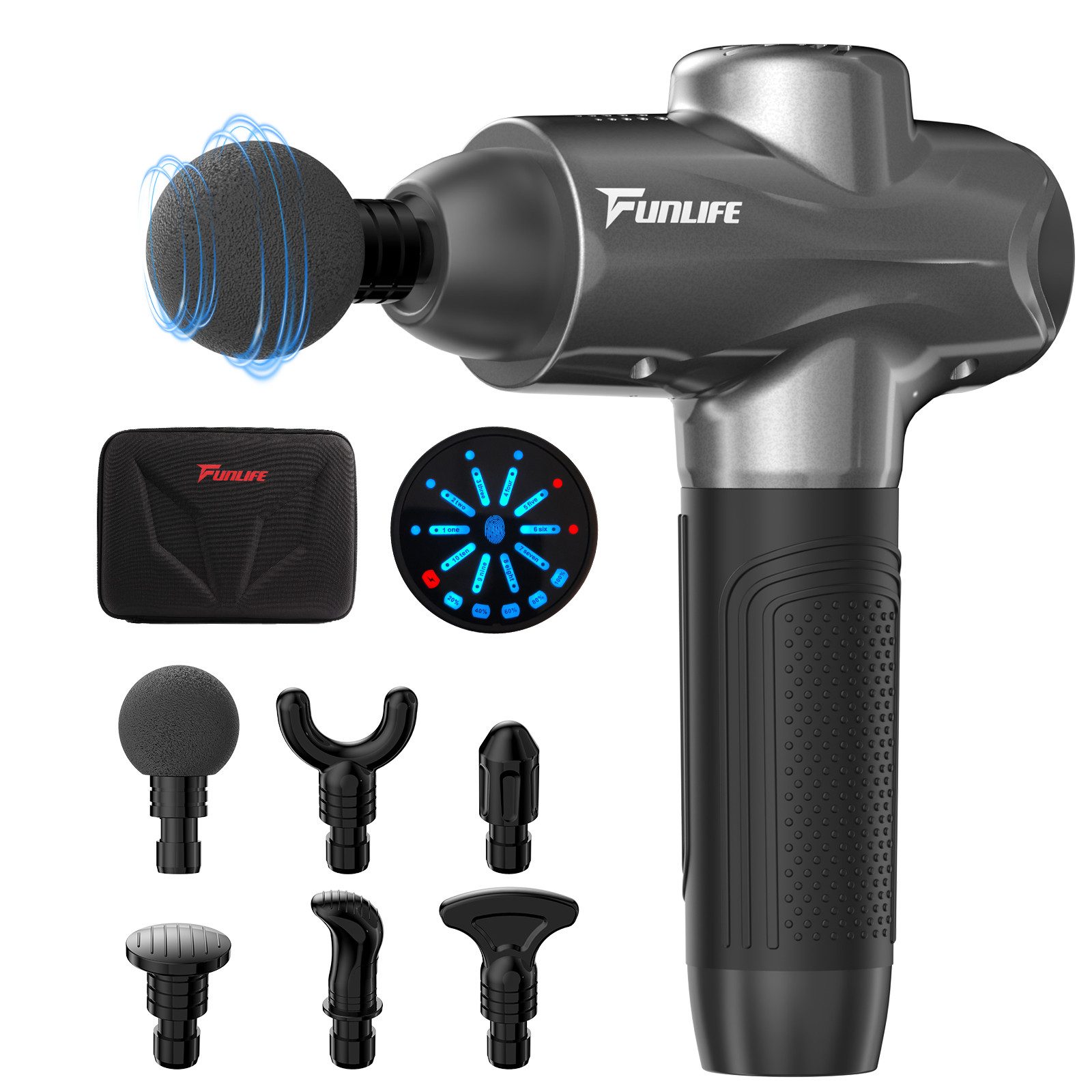 FunLife Massagepistole Tiefengewebe Massagepistole 12 mm Hub, Komplett-Set, 6 Aufsätze, Tasche & Geschenkverpackung, 10 Stufen · USB-C · unter 45 dB