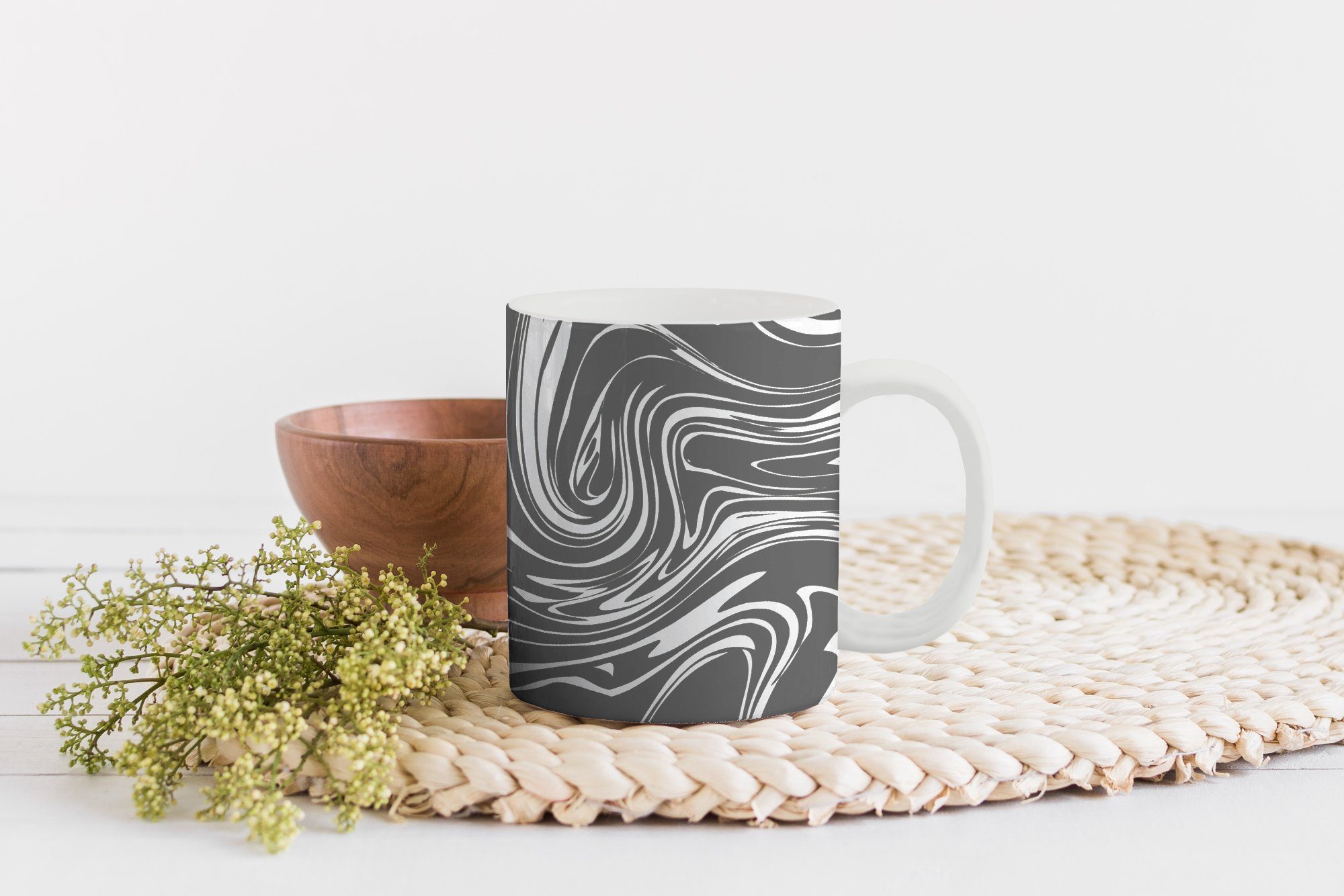 Teetasse, Grau - Teetasse, Geschenk Becher, Marmor Linie, MuchoWow - Kaffeetassen, Tasse Keramik,