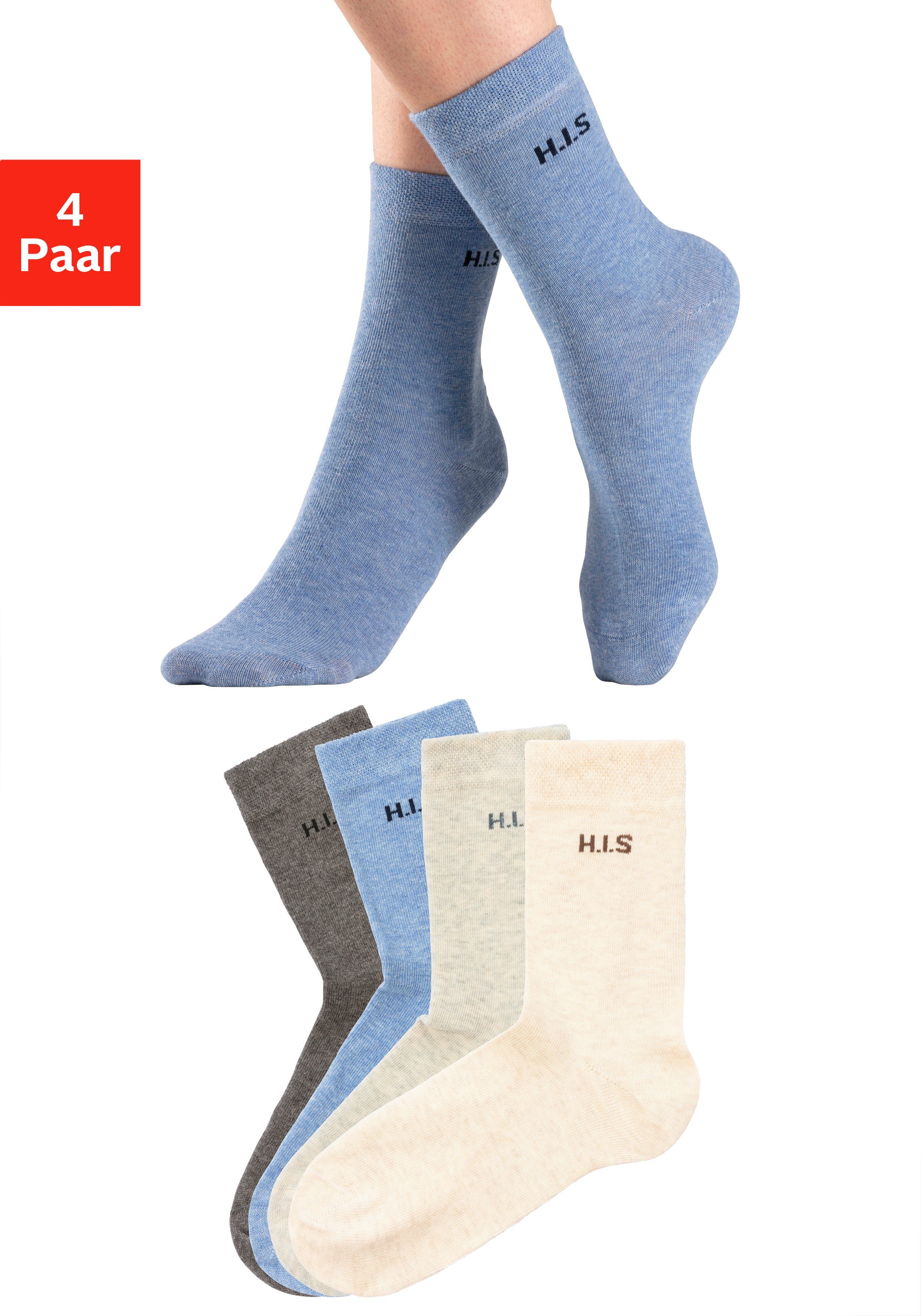 H.I.S Socken (Set, 4-Paar) ohne einschneidendes Bündchen grau, jeans, beige, grau