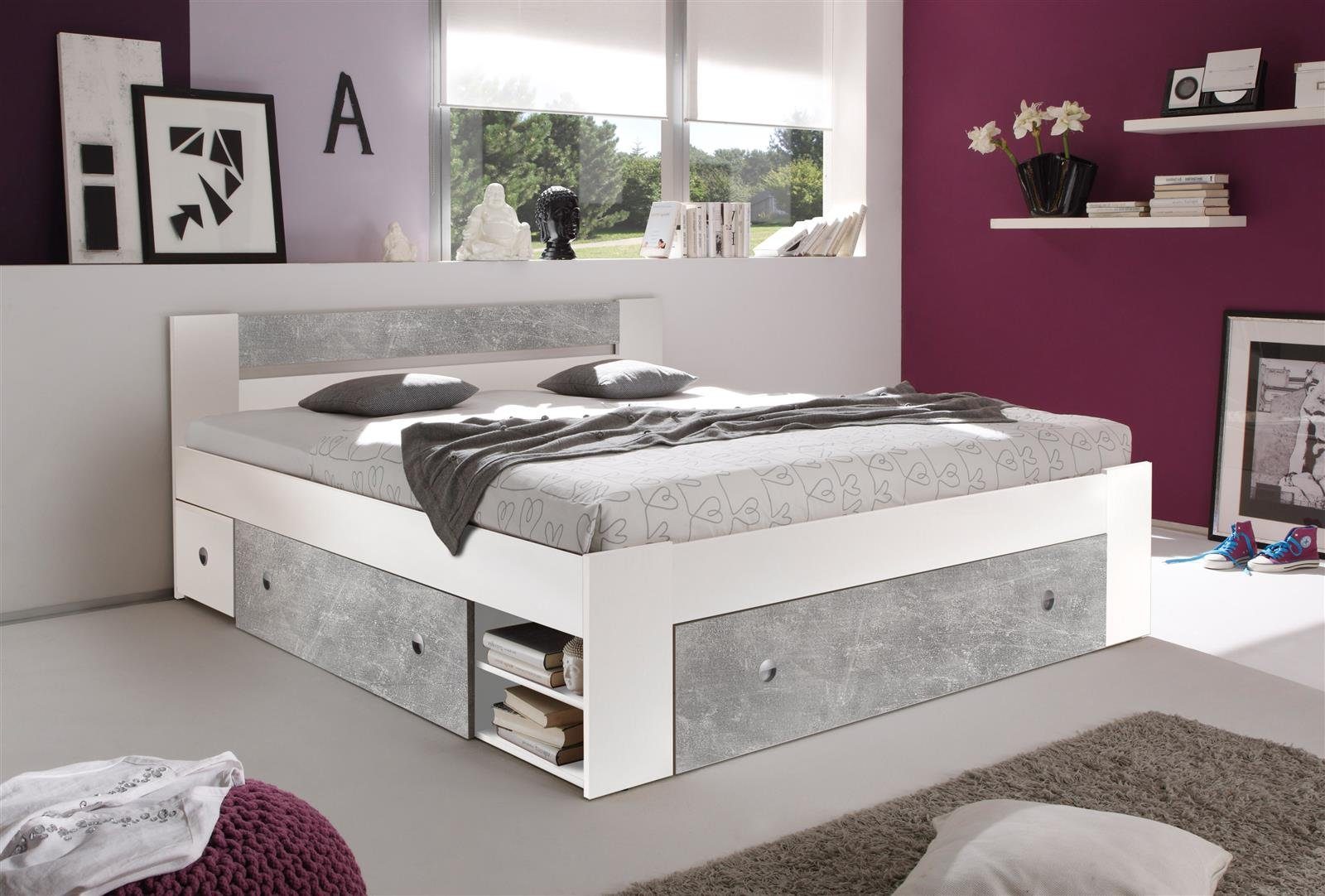 möbelando Stauraumbett Robina, Moderne Doppelbett Bettanlage 140 x 200 cm  mit 2x Nachtkommoden - Schlafzimmer Komplett-Set in Beton-Optik, Weiß - 145  x 86 x 204 cm (B/H/T)