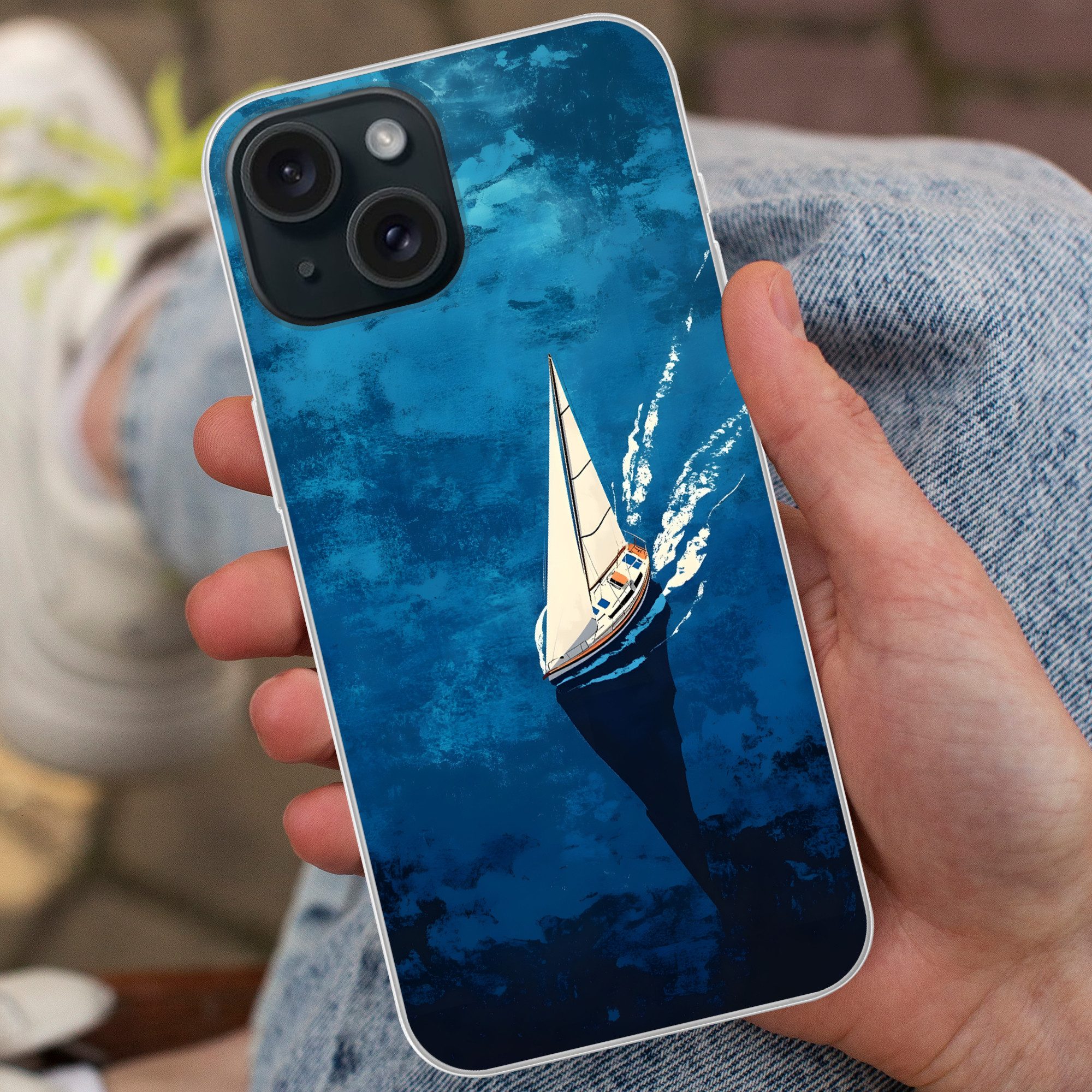 MuchoWow Handyhülle für Apple iPhone 15 Segelboot - Wasser - Abstrakt - Schatten, Smartphone-Bumper, Print, Handy Schutzhülle Dünn