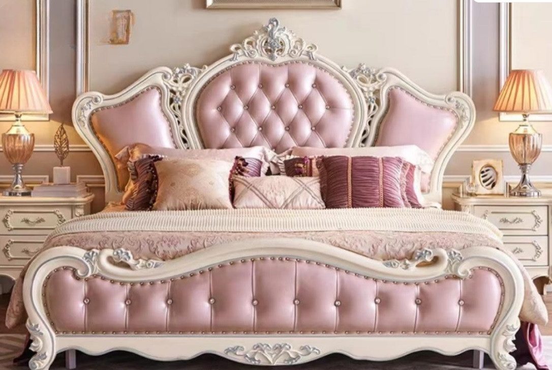 JVmoebel Schlafzimmer-Set Weißes Holz Schlafzimmer Set mit Bett und 2 Nachttischen