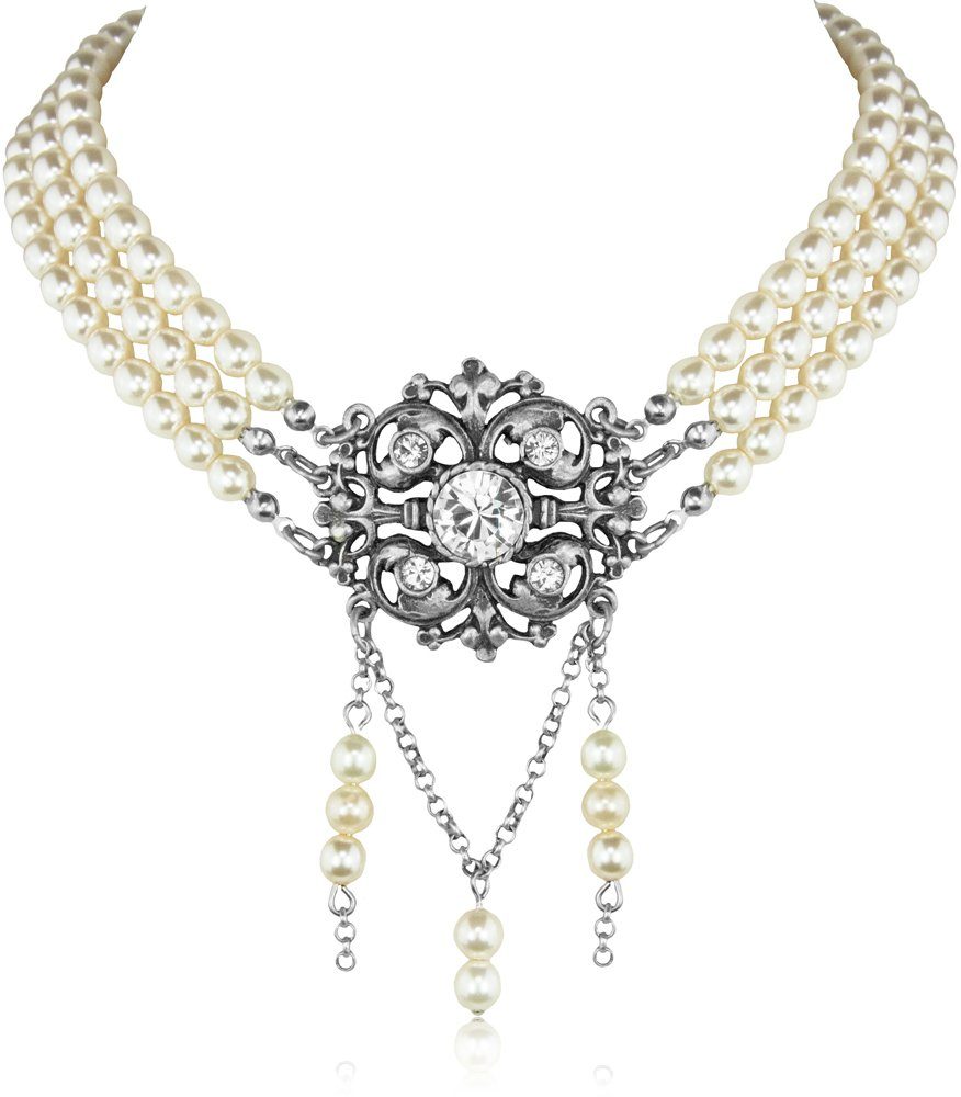 LUISIA® Perlenkette Perlen Kropfband mit Ornament mit Swarovski® Kristall -  Wunderschönes Collier zu Hochzeit und Oktoberfest Dirndl (1-tlg., inkl.  Schmuckbox)