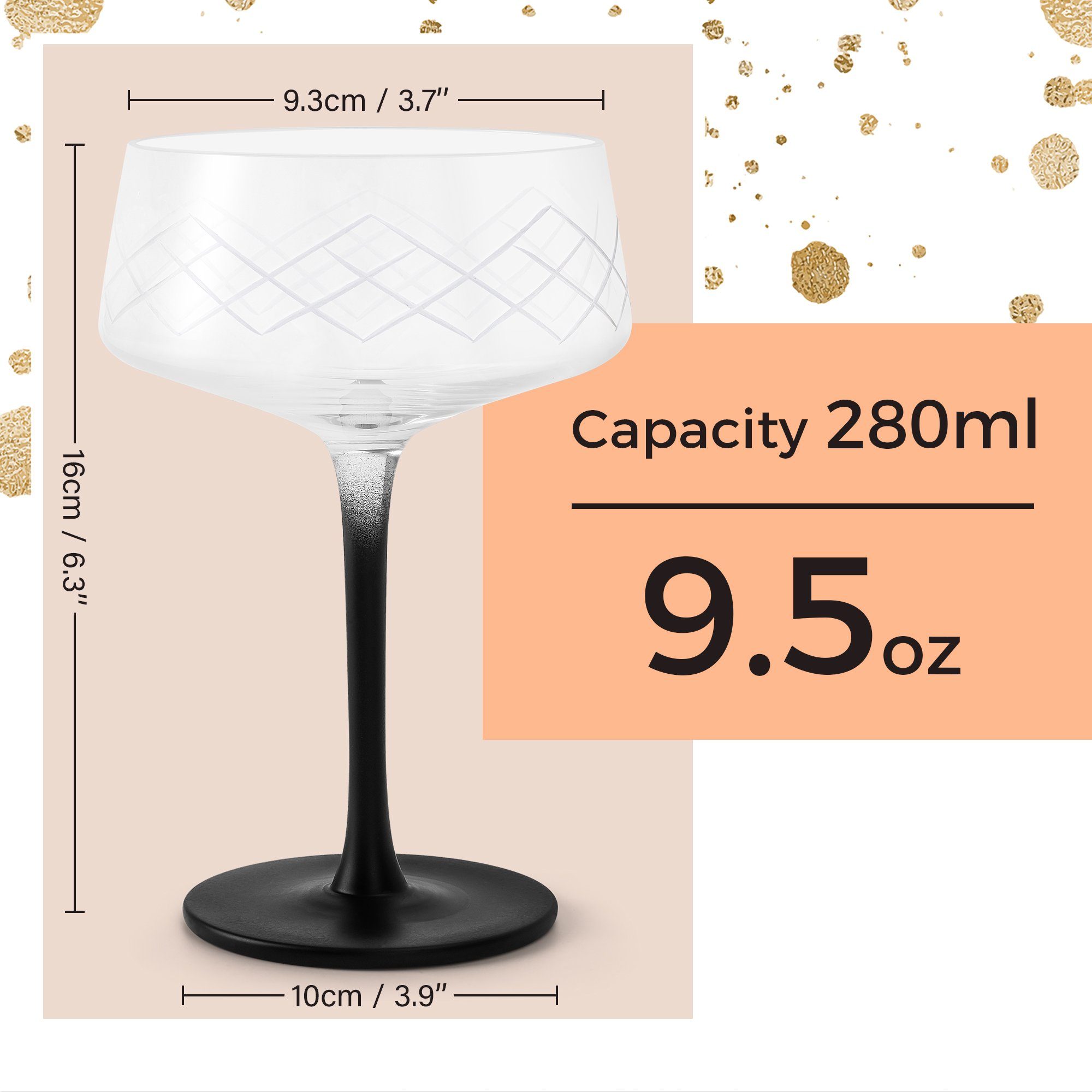 MiaMio Cocktailglas Crystaluna Coupe, 280 ml, schwarzer Stiel, 4-tlg., Glas, mit Barlöffel