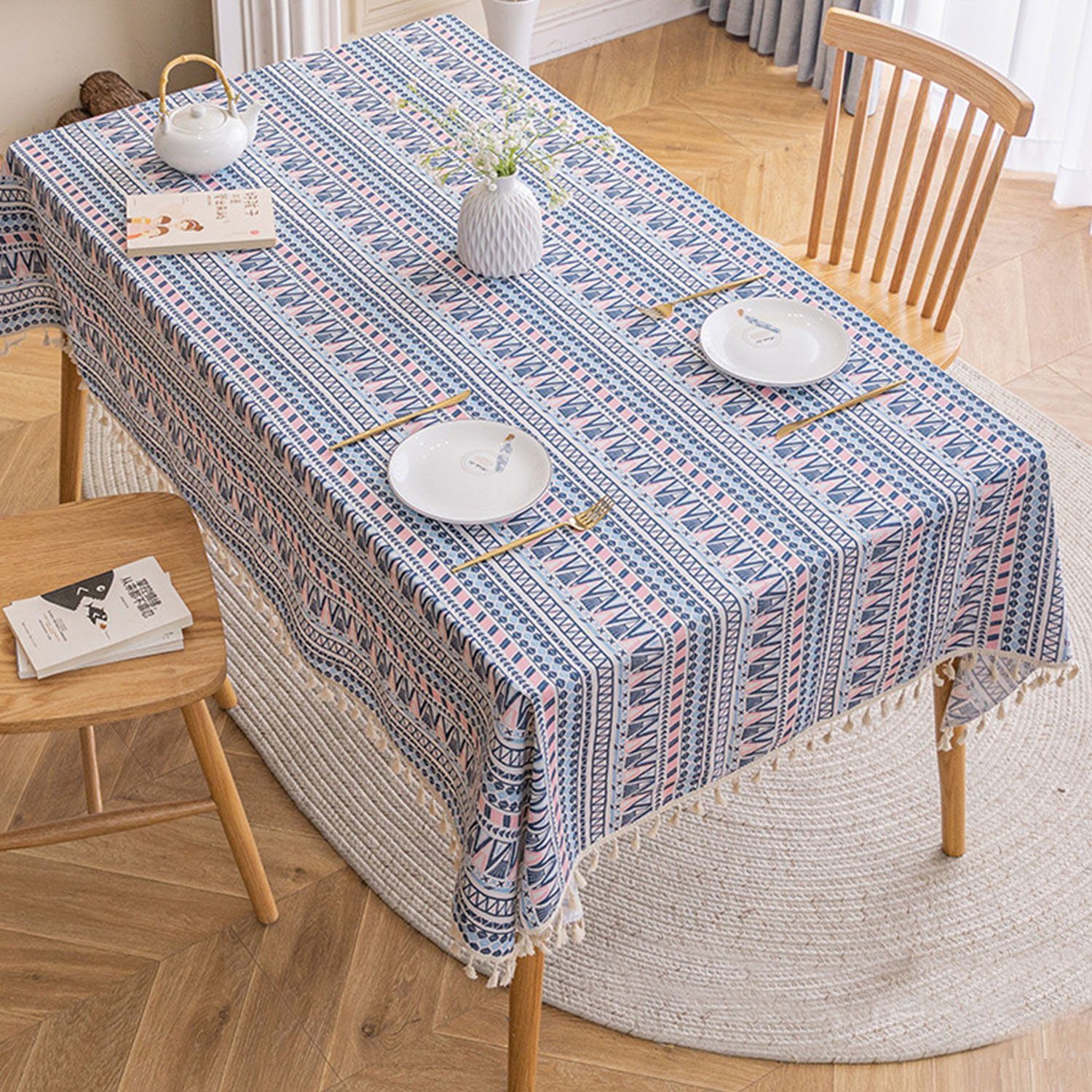 MAGICSHE Tischdecke Böhmische Tischdecke aus Baumwollleinen mit Quaste, TPU-Overlay