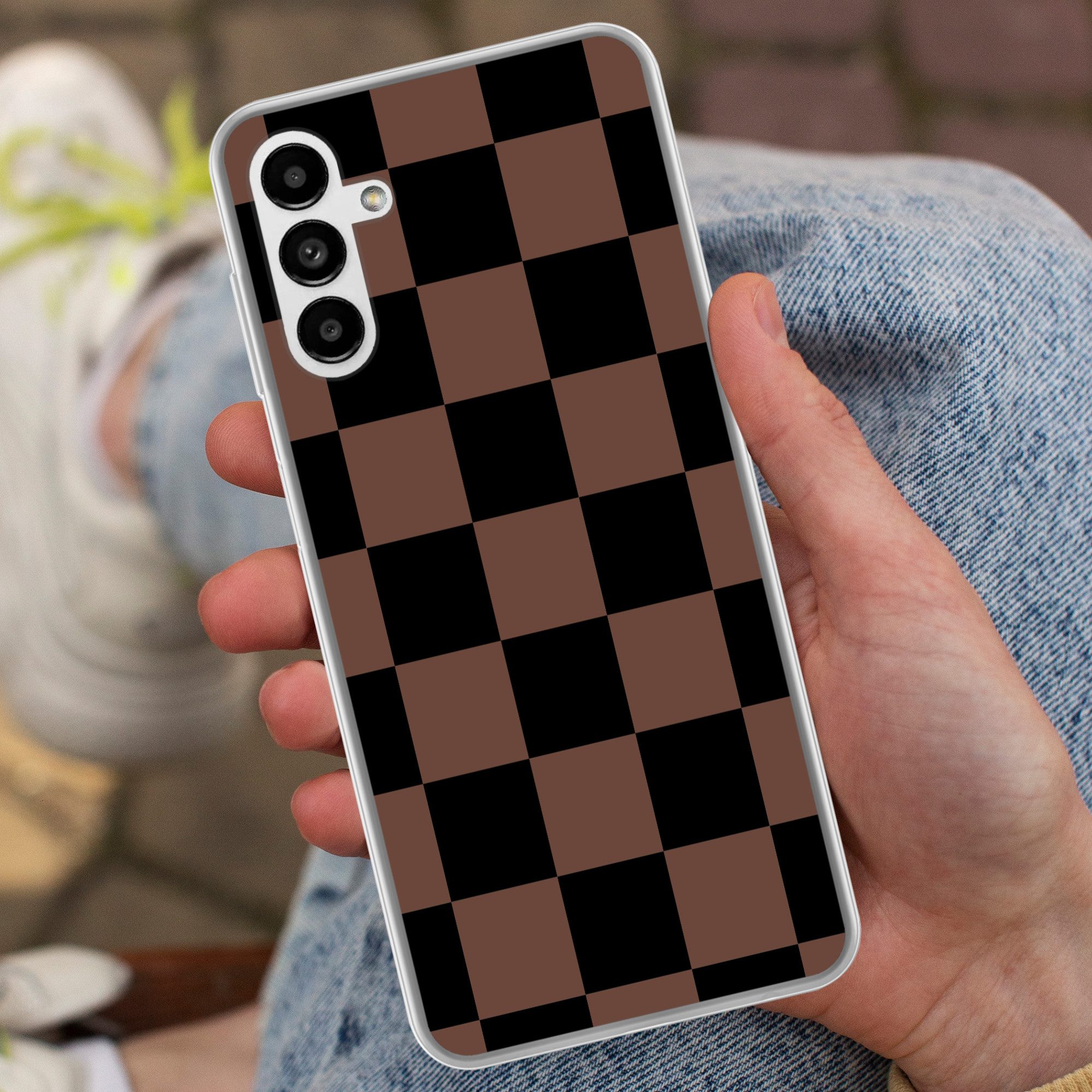 MuchoWow Handyhülle für Samsung Galaxy A04s Schachbrettmuster - Braun - Schwarz - Blöcke, Handy Case, Silikon, Bumper Case Dünn