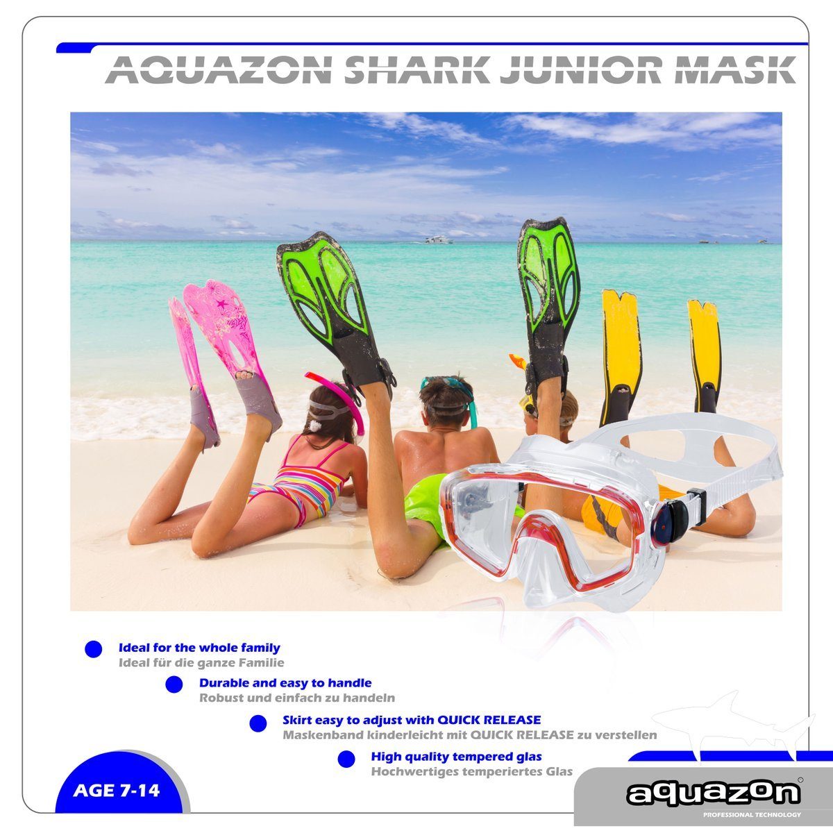 AQUAZON Taucherbrille SHARK, rot Schnorchelbrille Jahre Kinder transparent für 7-12
