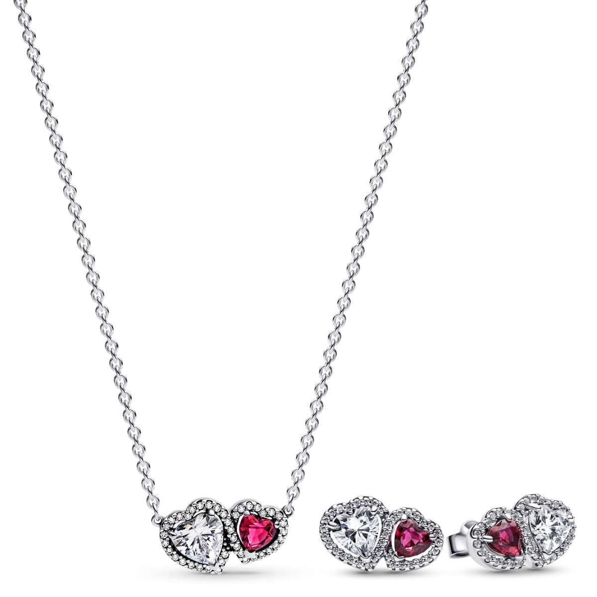 Pandora Herzkette 28512, für Damen-Schmuckset und Ohrringe Halo Herzen Zweifarbig