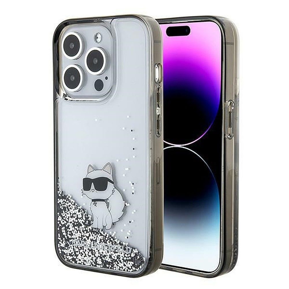 KARL LAGERFELD Handyhülle Schutzhülle Glitzerhülle Handyschale 6,7 Zoll, Flüssigglitzer, Choupette-Motiv, erhöhte Kanten