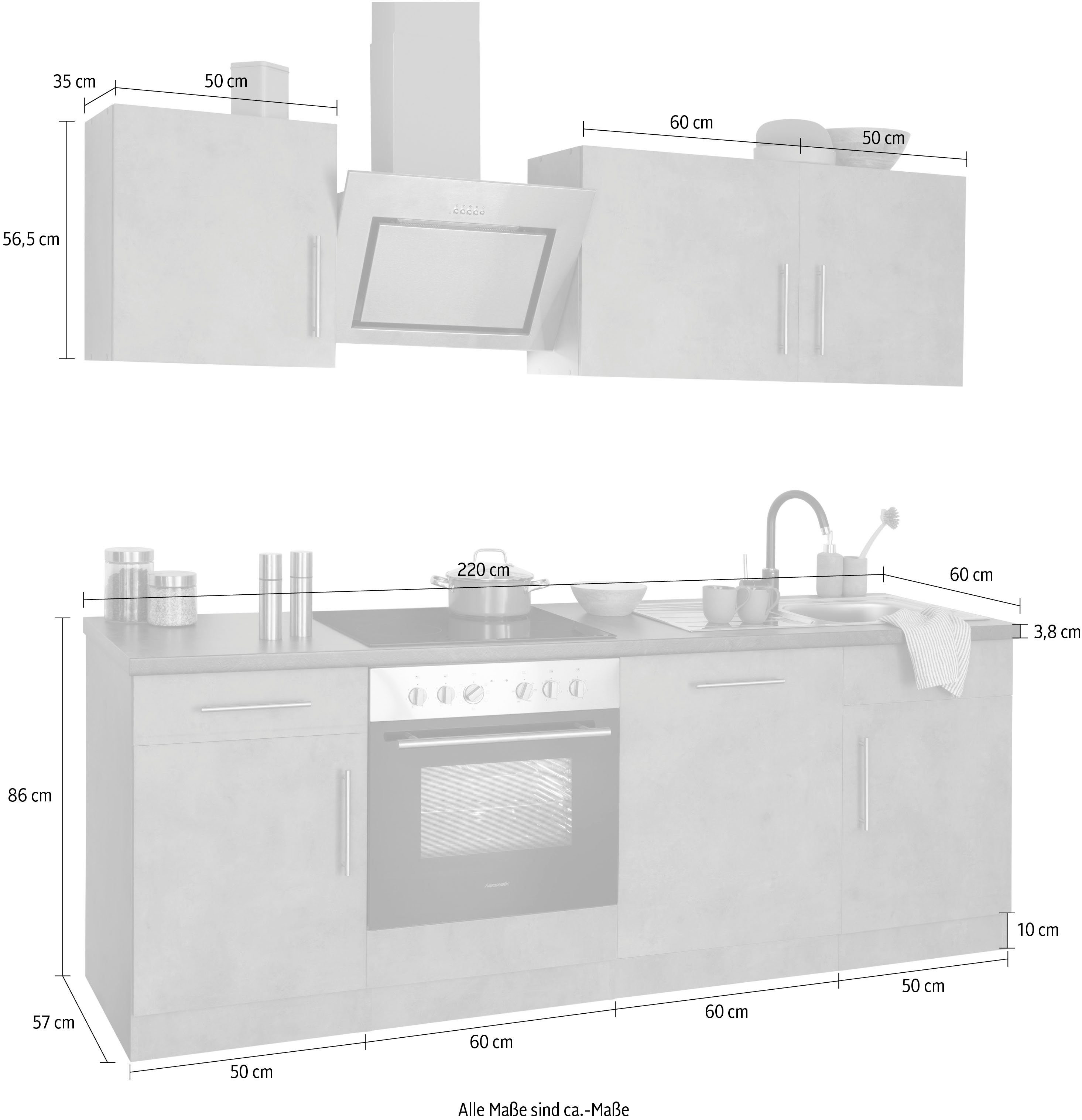 wiho Küchen Küchenzeile Cali, mit Betonfarben mit 220 Granit Arbeitsplatte: E-Geräten E-Geräten, Betonfarben, Schwarz cm Front: Breite | Hanseatic