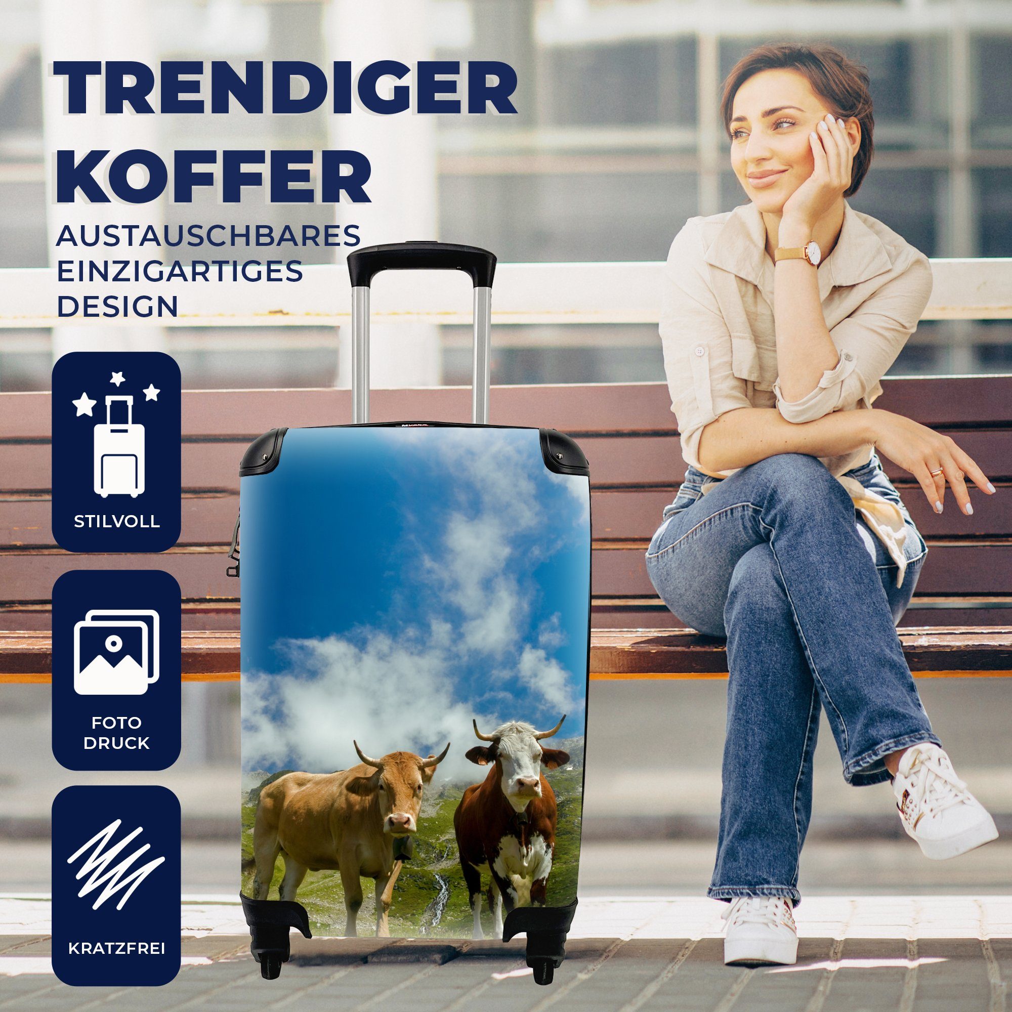 Trolley, Kühe Alpen Reisekoffer Ferien, Rollen, Handgepäck Gras, - für 4 mit Reisetasche - rollen, Handgepäckkoffer MuchoWow
