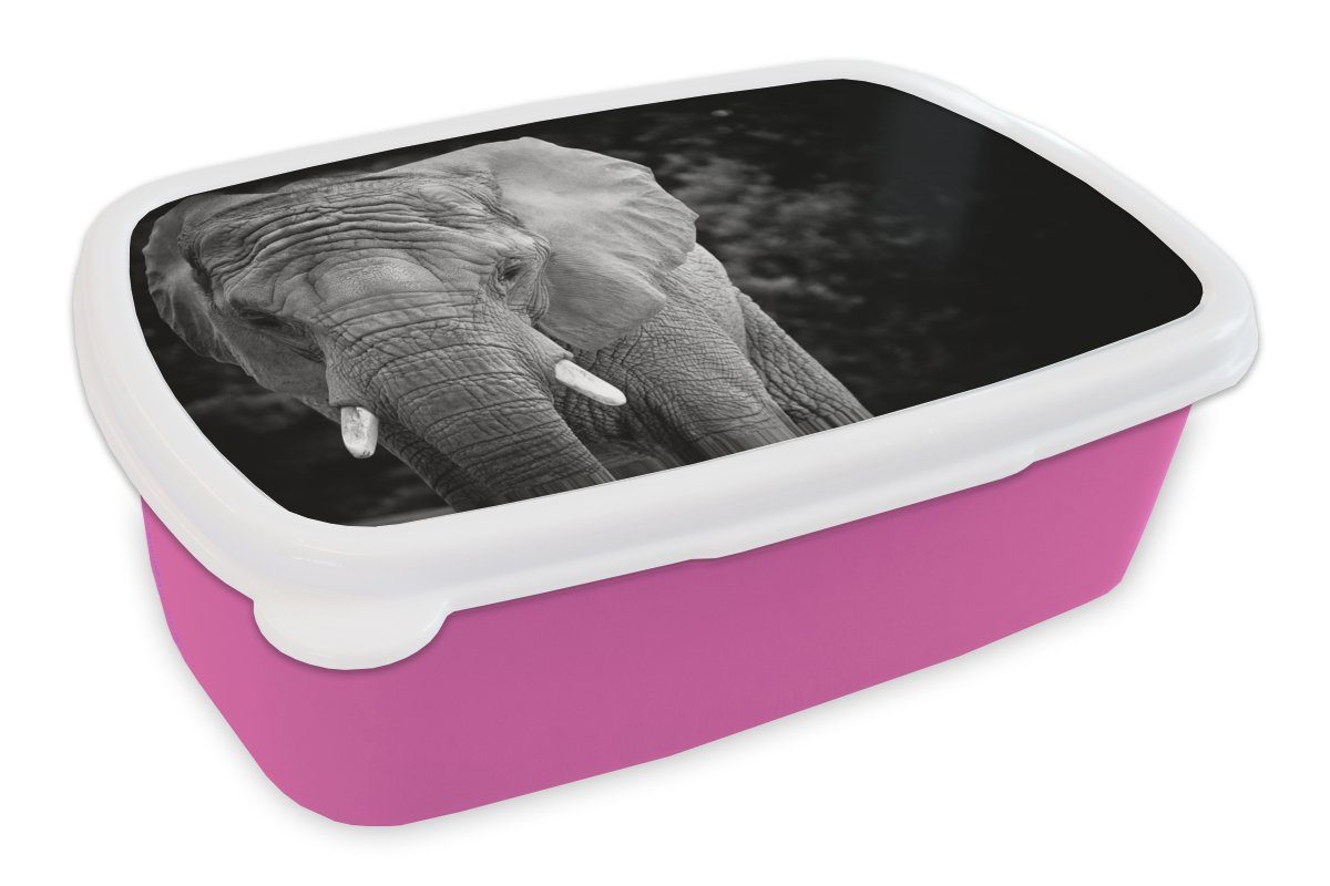 MuchoWow Lunchbox Porträt eines Elefanten in Schwarz und Weiß, Kunststoff, (2-tlg), Brotbox für Erwachsene, Brotdose Kinder, Snackbox, Mädchen, Kunststoff rosa
