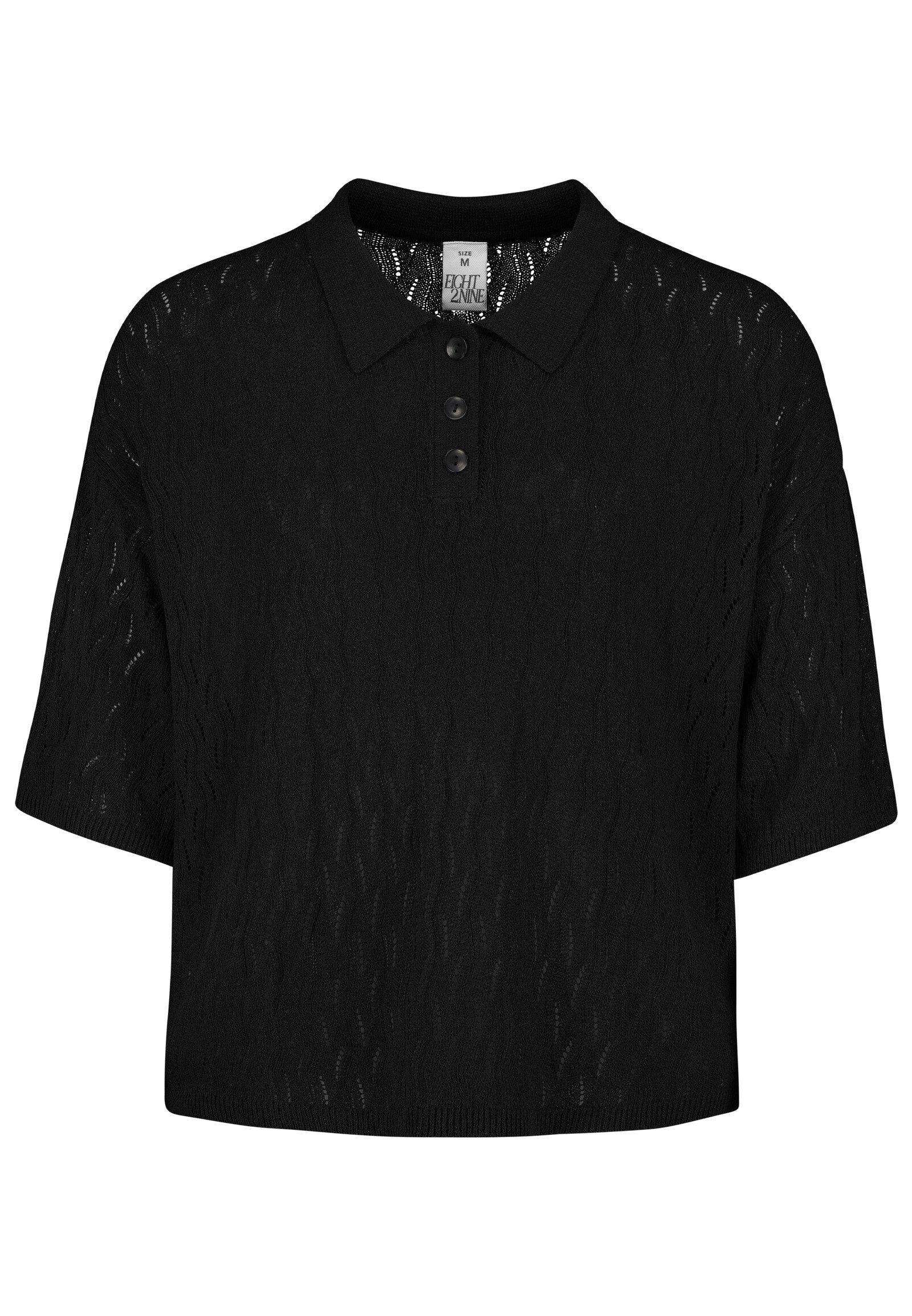 Eight2Nine Strickpullover Strickshirt mit Polokragen Kurzer Spitzenstrick-Pullover mit Knöpfen