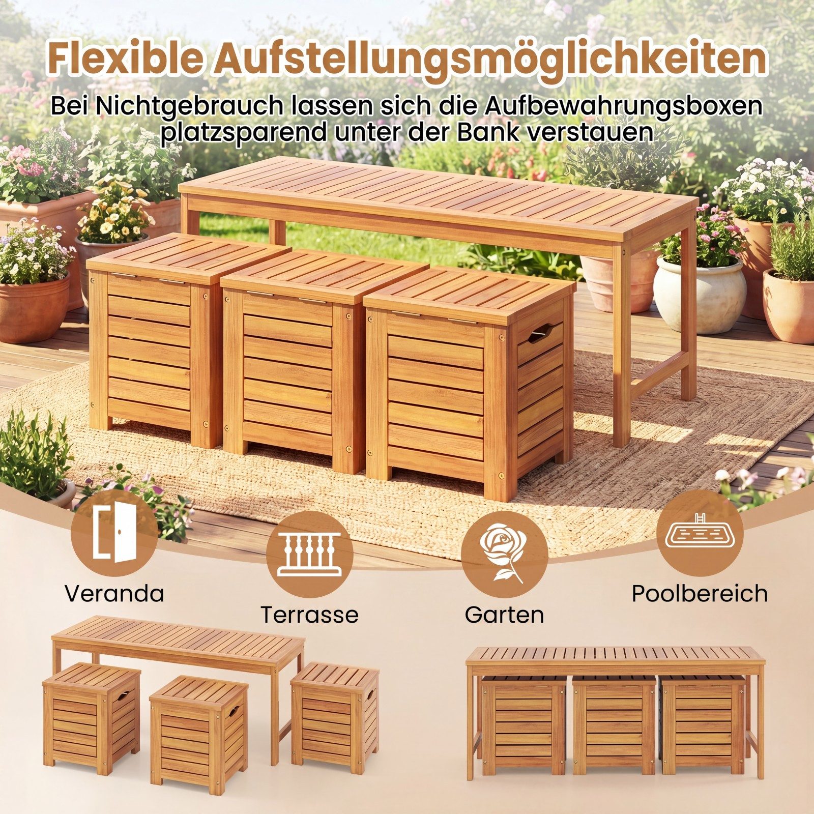 COSTWAY Gartenbank, Holz mit 3 Aufbewahrungsboxen wetterfest 2-Sitzer 115cm