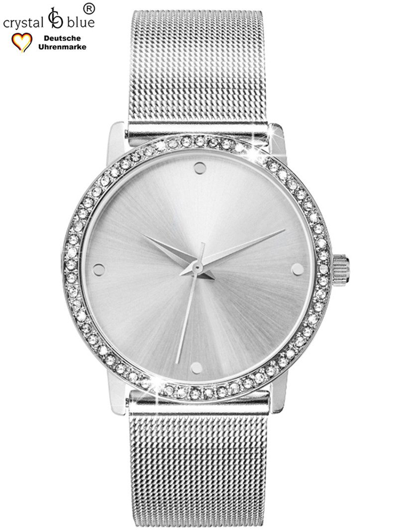 CRYSTAL BLUE Quarzuhr Damenuhr silber 62 Zirkonia Kristalle Mesharmband mit Clip Schließe kostenlose Lieferung mehr