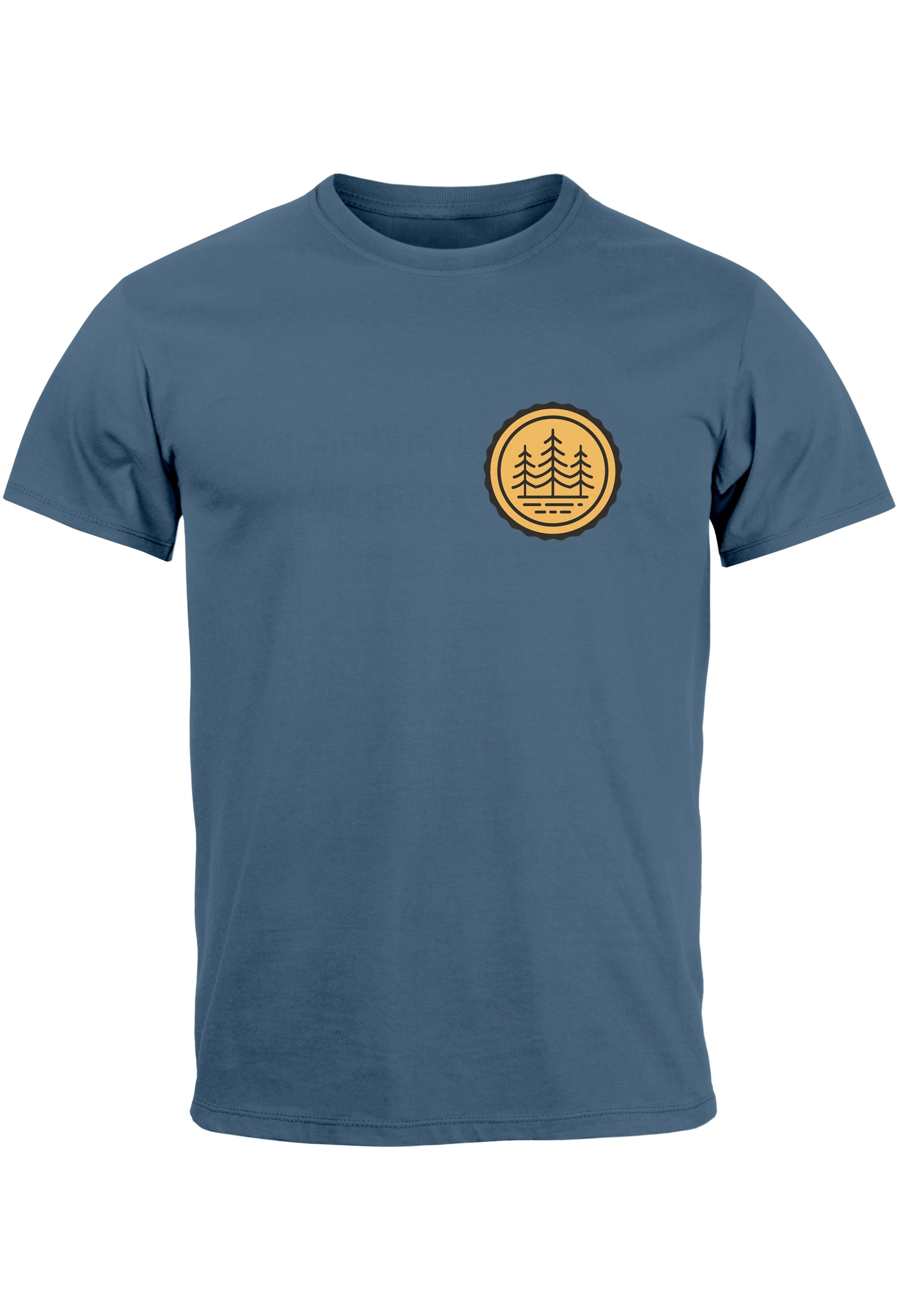 Neverless Print-Shirt Herren T-Shirt Wald Bäume Logo Badge Naturliebhaber Outdoor Fashion St mit Print denim blue