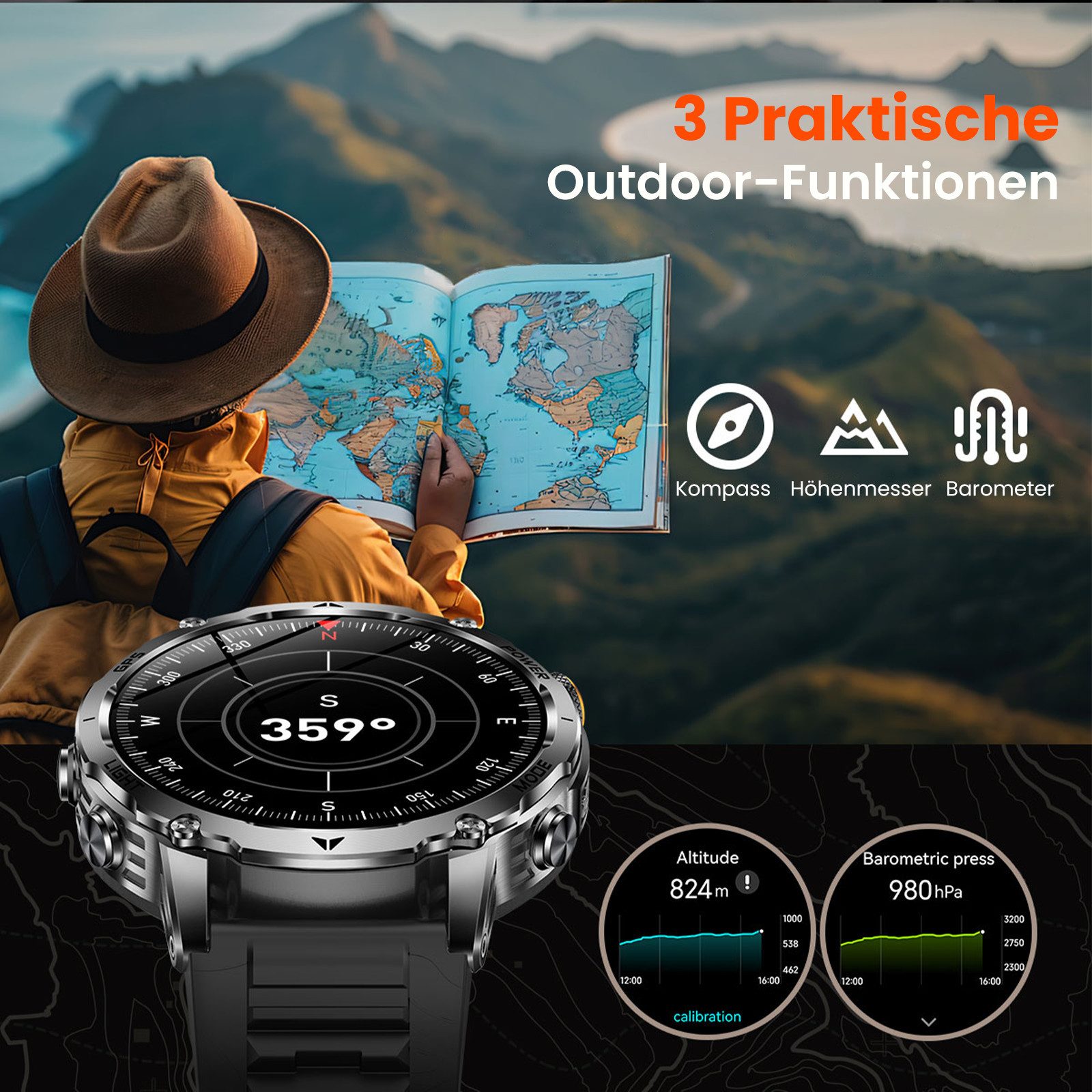 SWGOTA 1500mAh Smartwatch Herren mit GPS integriert,24/7 Pulsuhr,SpO₂,Militär Smartwatch 1,8"AMOLED Fitness Tracker mit Schlafmonitor,100+Sportmodi,Kompass, Bar – Bild 4 von 5