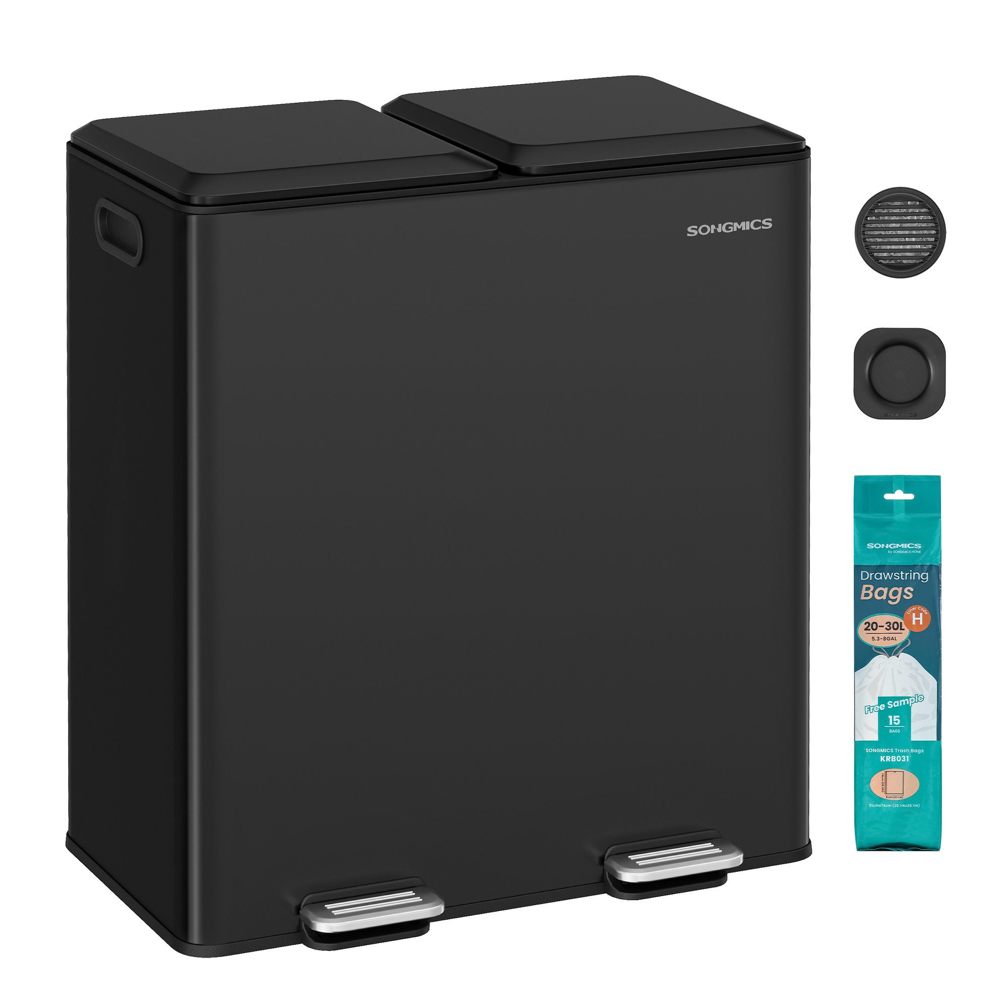 SONGMICS Mülleimer Integrierte Duftspender, Mülleimer Küche, 2 Fächer, Mülltrennsystem, Softclose, 2 x 30 L