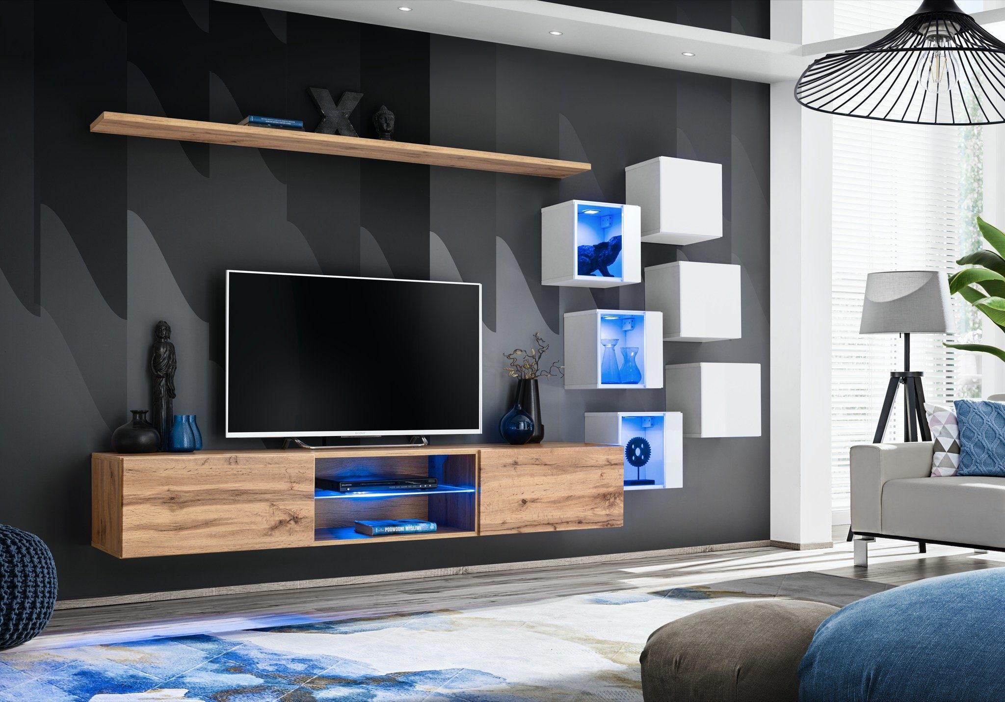 + 6x Ständer + (8-St., Ständer Luxus Wandschrank JVmoebel LED Komplett TV Wohnwand TV Wohnwand Wandregal), beleuchtet Holzmöbel Set Wandschrank,