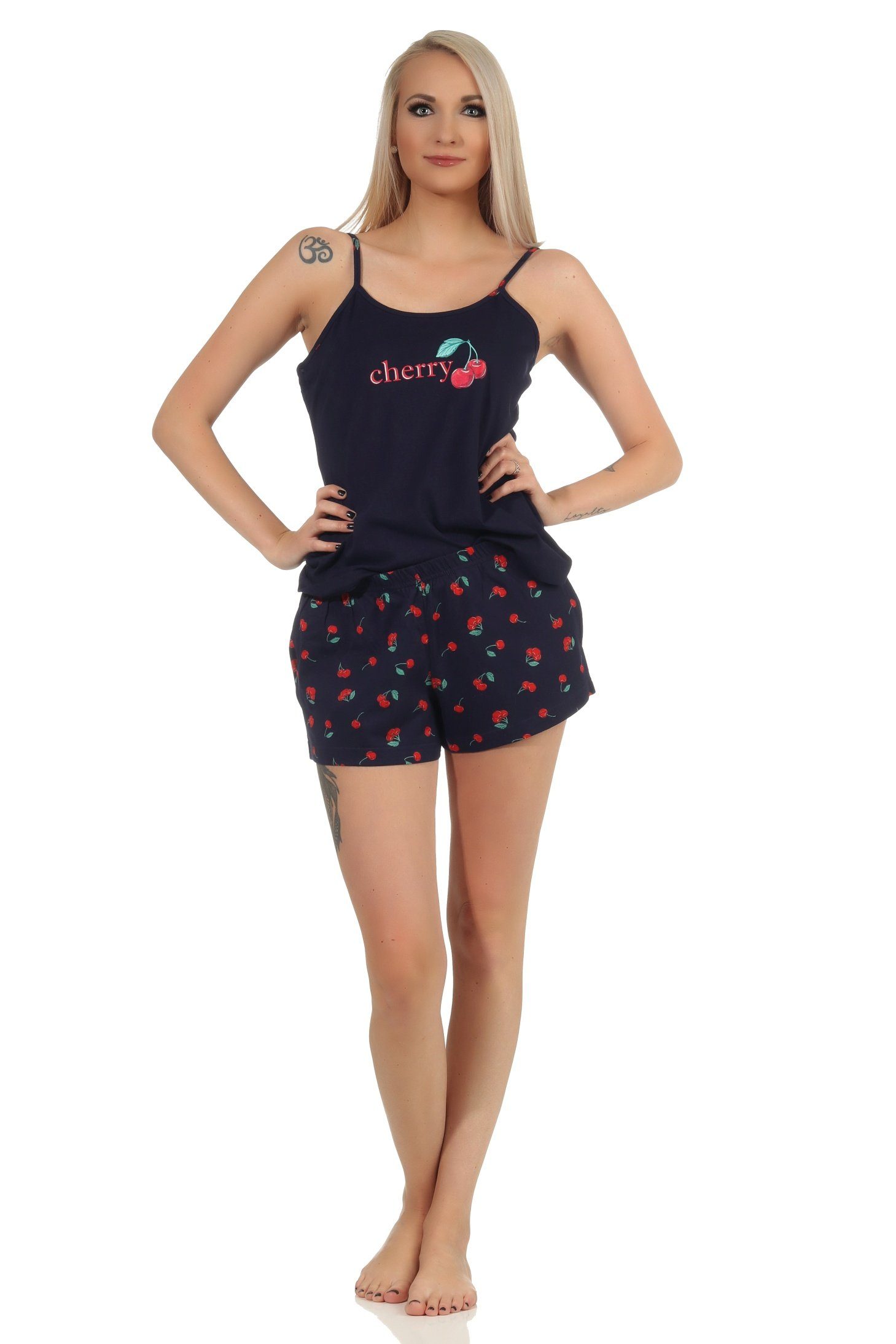 Normann Pyjama Süsser ärmelloser Damen Schlafanzug Shorty Pyjama mit Kirschen Motiv